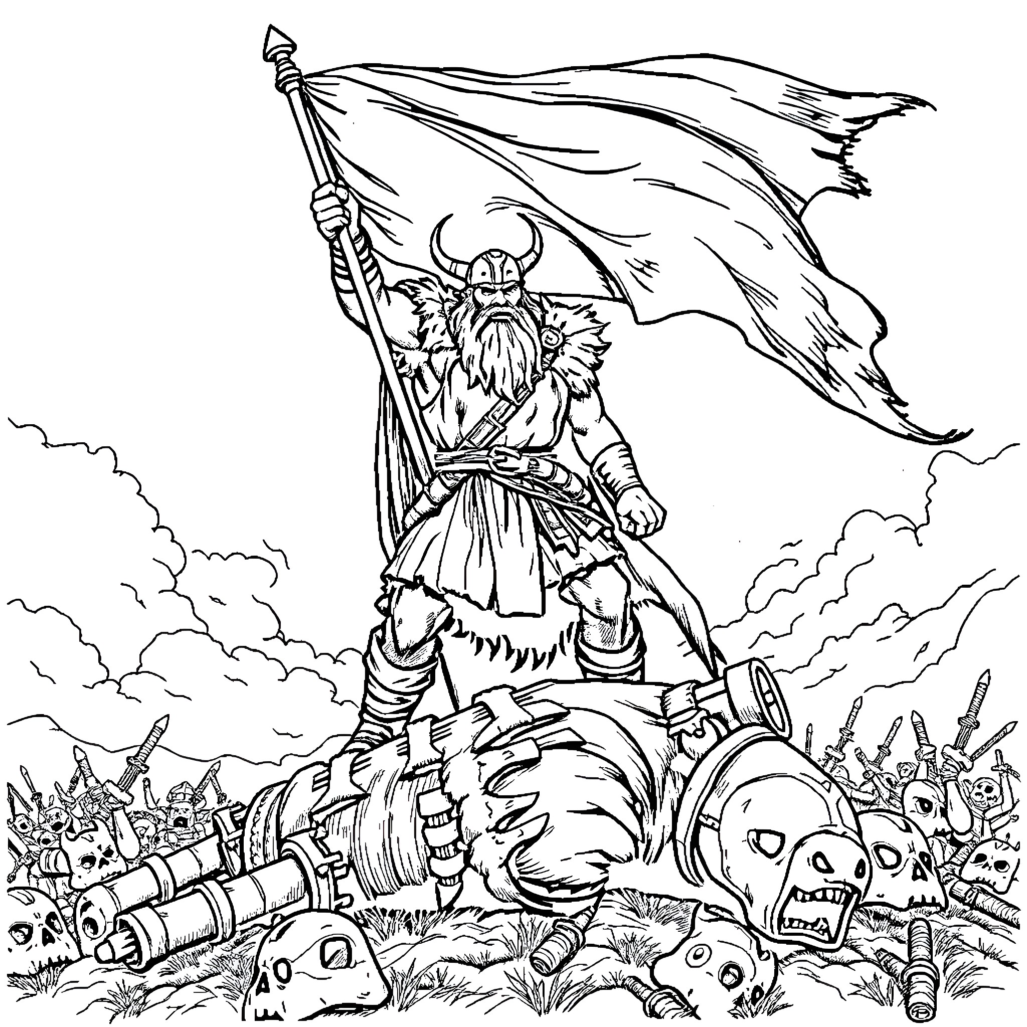 Viking warrior with flag leading army into battle Coloring Page (free black-and-white line drawing printable PDF for all, from beginners to advanced learners, including children, teens, adults, and seniors)
