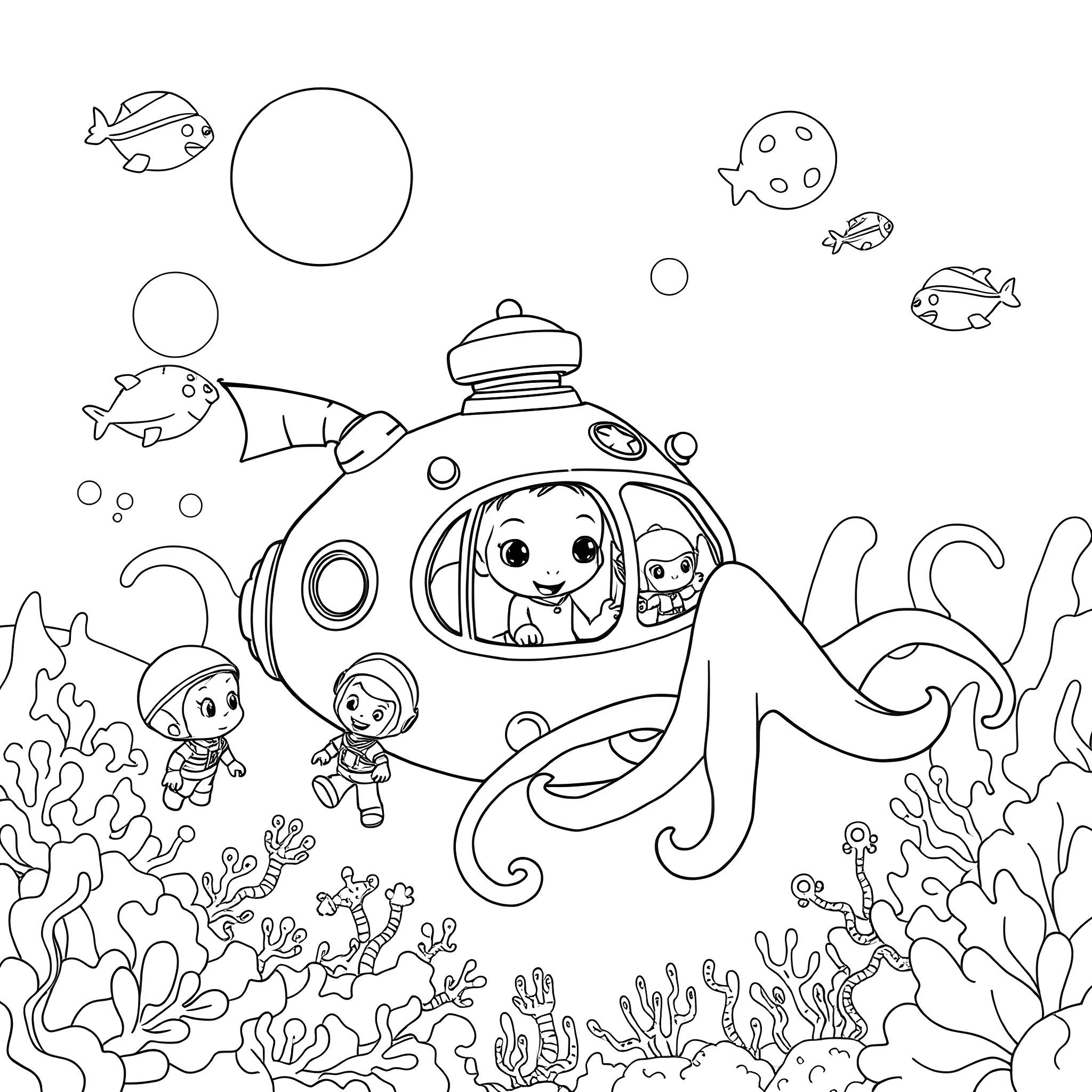 Octopod exploring the underwater world with friends Coloring Page (free black-and-white line drawing printable PDF for all, from beginners to advanced learners, including children, teens, adults, and seniors)
