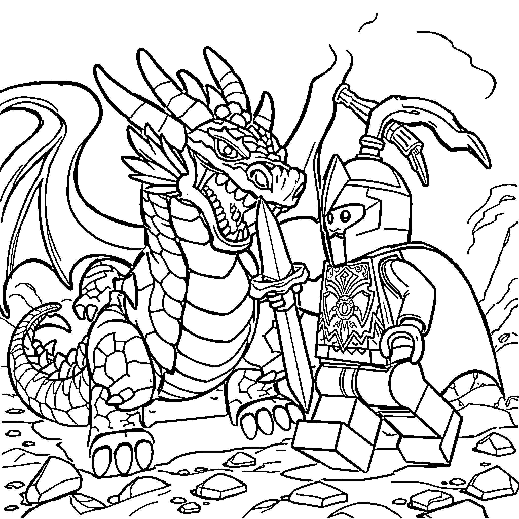 Dragon warrior wields a weapon in a rocky landscape Coloring Page (free black-and-white line drawing printable PDF for all, from beginners to advanced learners, including children, teens, adults, and seniors)