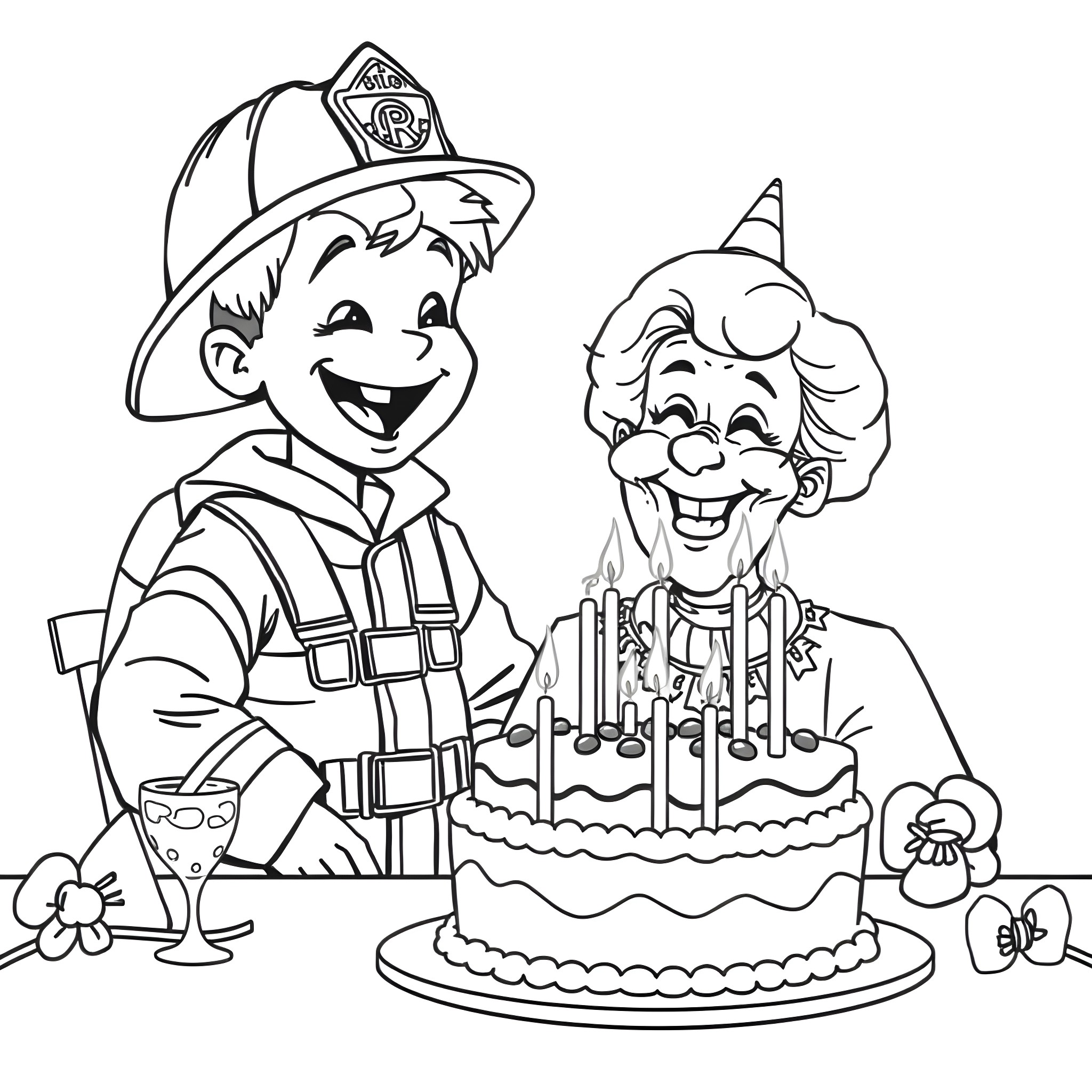 Boy Firefighter Celebrating Birthday with Clown Coloring Page (free black-and-white line drawing printable PDF for all, from beginners to advanced learners, including children, teens, adults, and seniors)