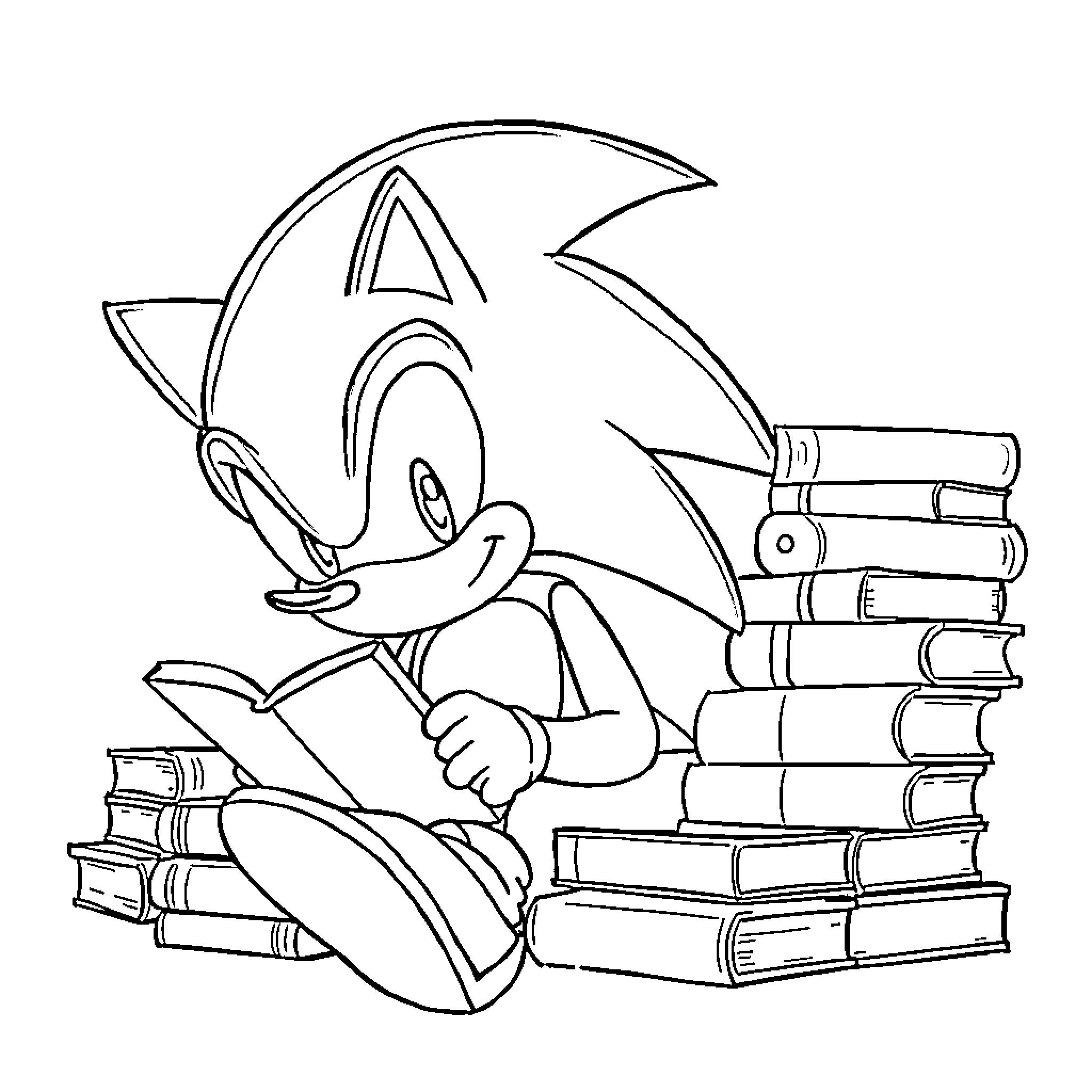 Sonic reading books surrounded by stacks Coloring Page (free black-and-white line drawing printable PDF for all, from beginners to advanced learners, including children, teens, adults, and seniors)
