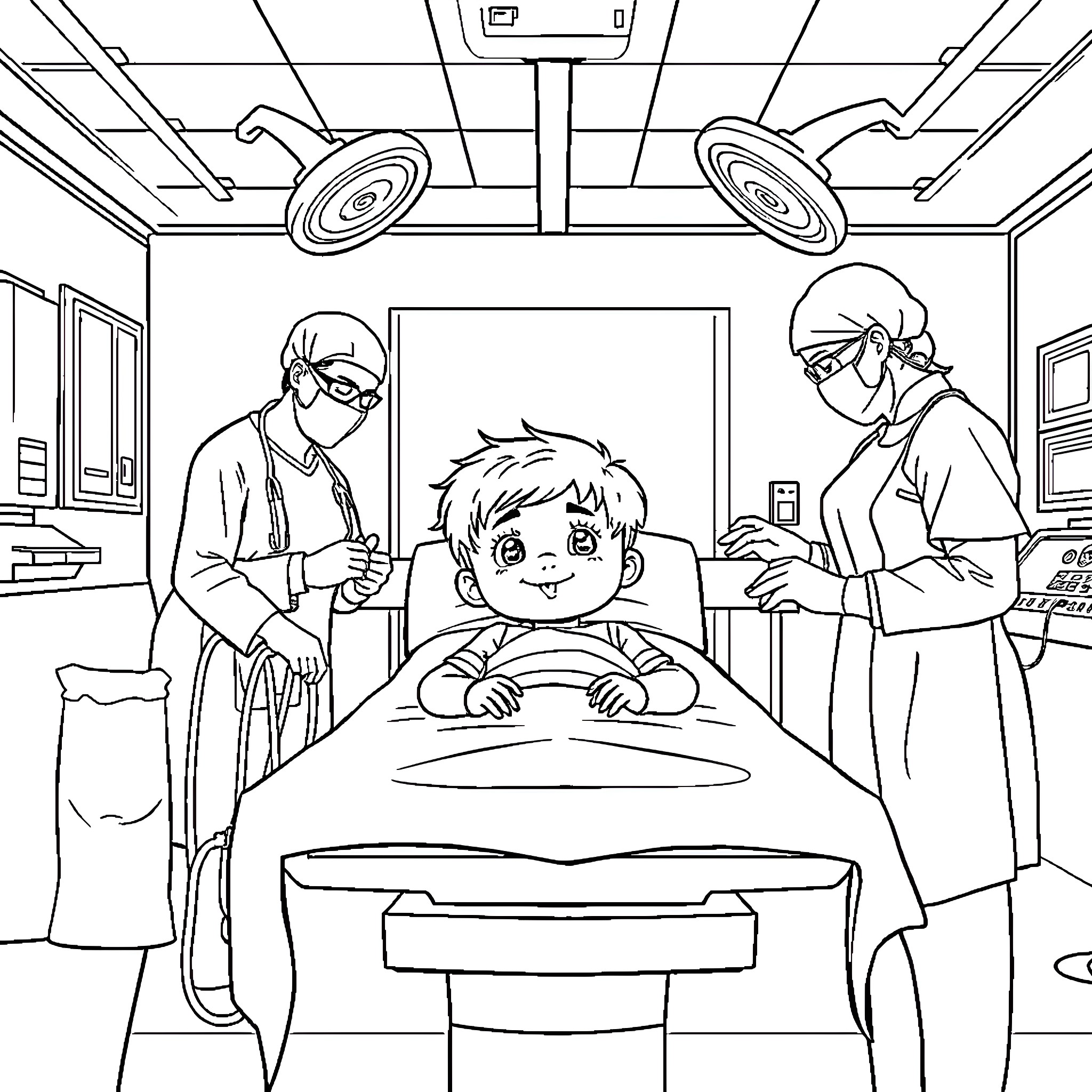 Kid undergoing medical treatment in hospital Coloring Page (free black-and-white line drawing printable PDF for all, from beginners to advanced learners, including children, teens, adults, and seniors)