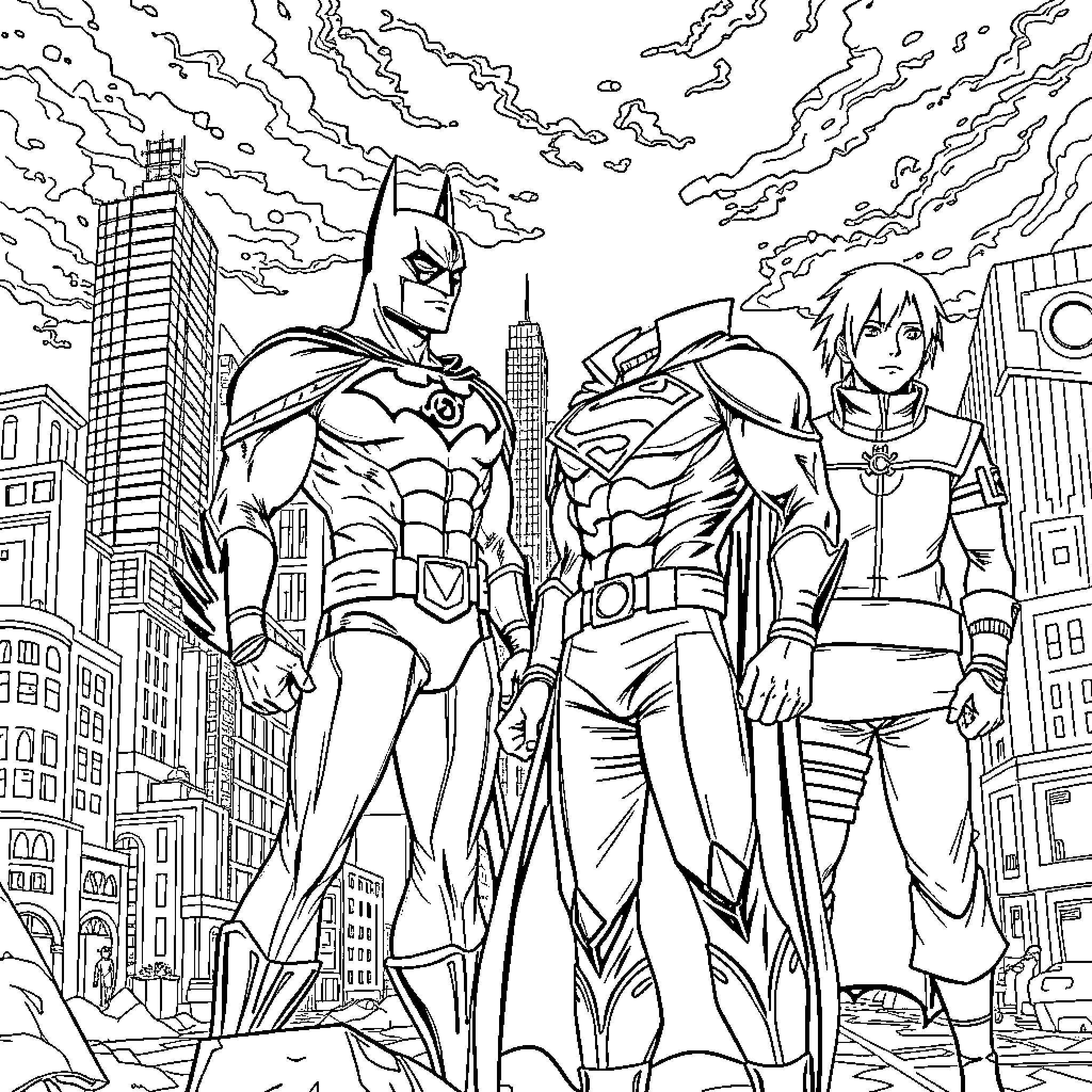 Superhero duo defending the city from danger Coloring Page (free black-and-white line drawing printable PDF for all, from beginners to advanced learners, including children, teens, adults, and seniors)