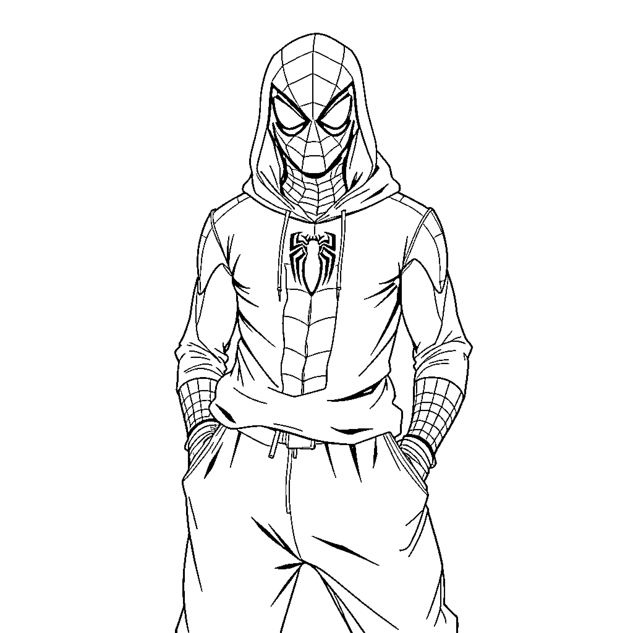 Spiderman in Hooded Outfit with Determined Expression Coloring Page (free black-and-white line drawing printable PDF for all, from beginners to advanced learners, including children, teens, adults, and seniors)