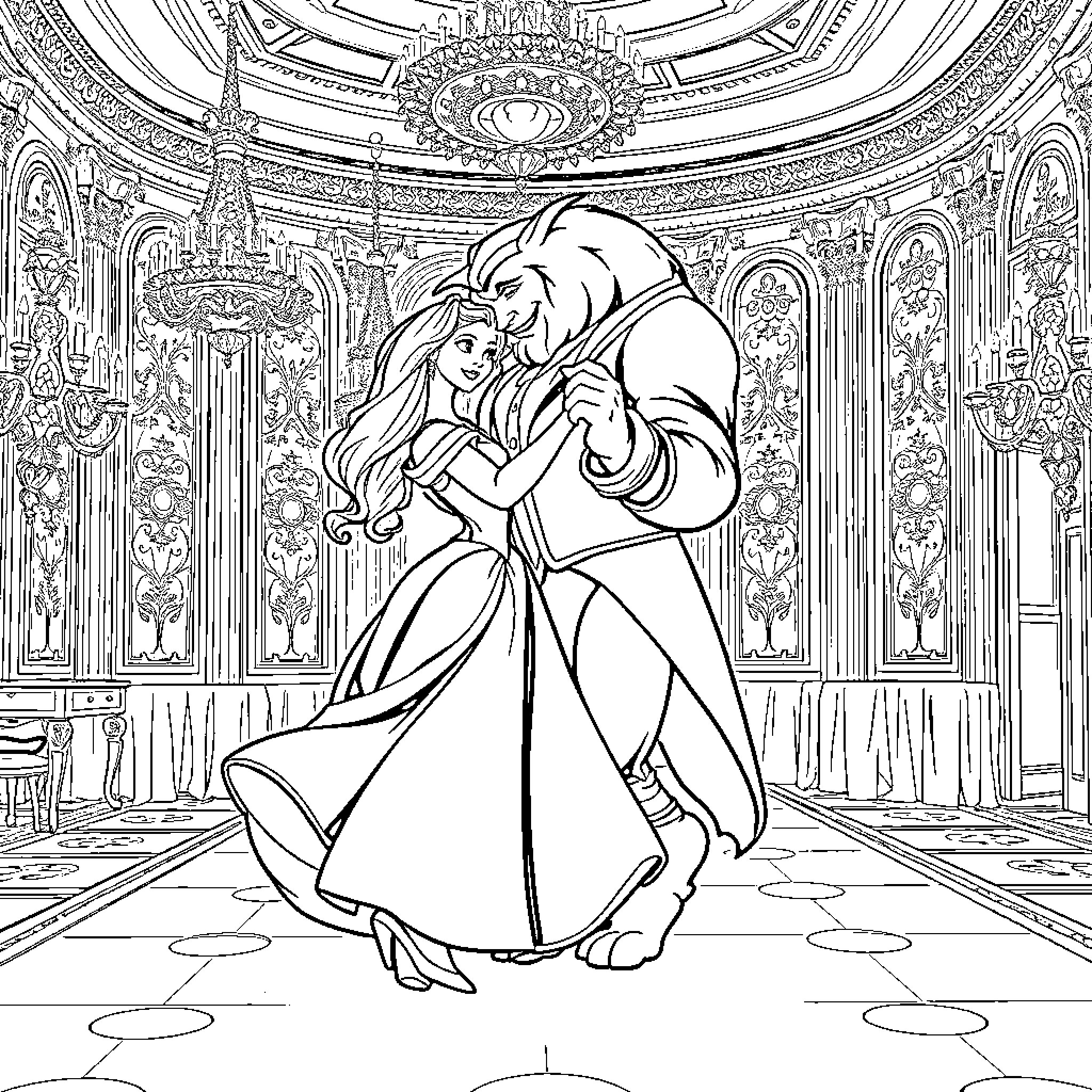 Beauty And The Beast dancing in an ornate ballroom Coloring Page (free black-and-white line drawing printable PDF for all, from beginners to advanced learners, including children, teens, adults, and seniors)