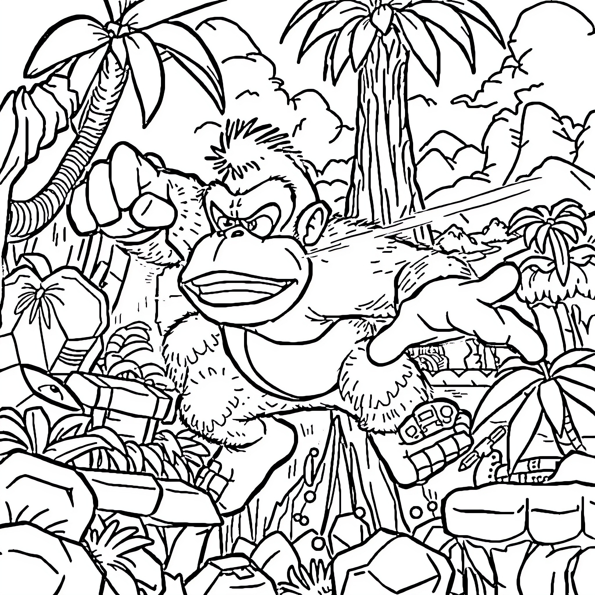 Donkey Kong in a Lush Jungle Landscape Coloring Page (free black-and-white line drawing printable PDF for all, from beginners to advanced learners, including children, teens, adults, and seniors)