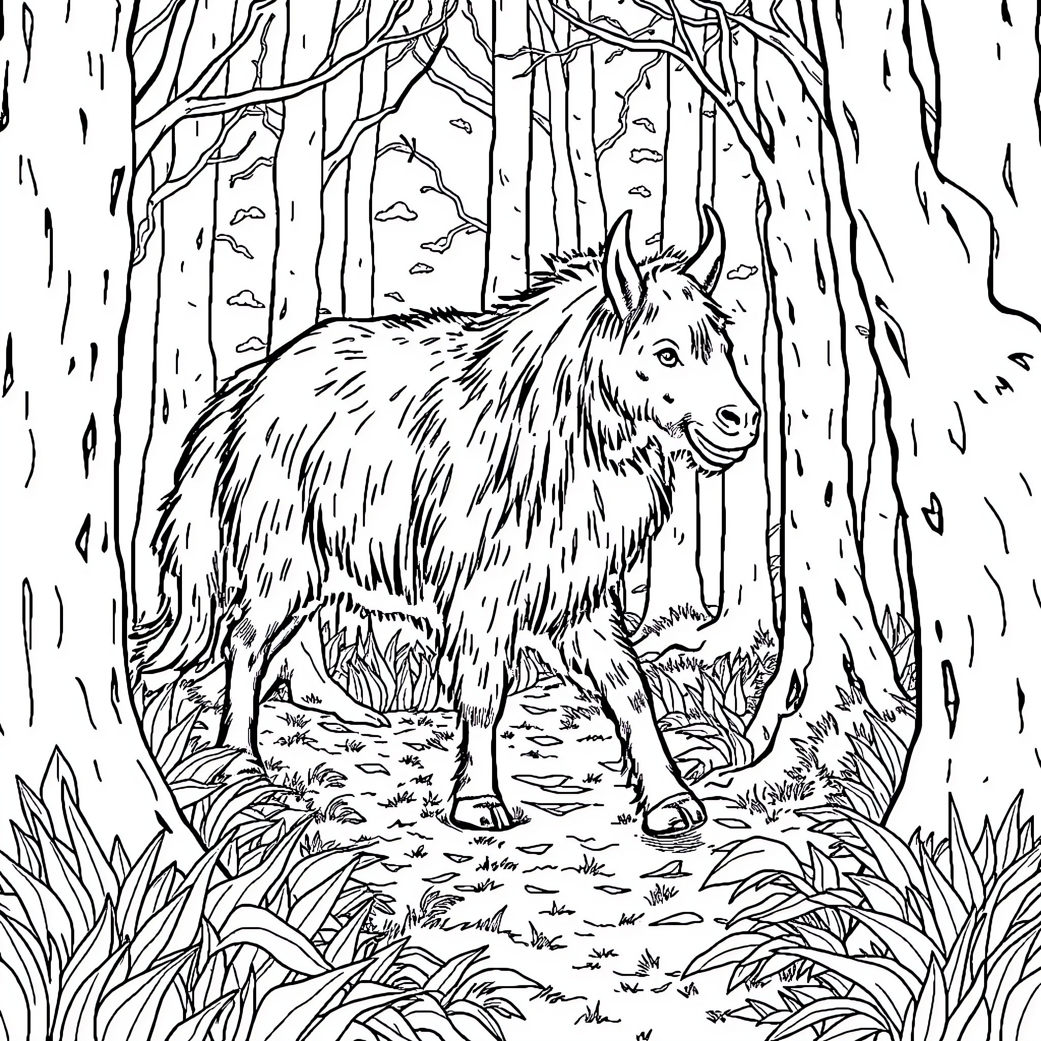 Wild Boar Standing in Mysterious Forest Coloring Page (free black-and-white line drawing printable PDF for all, from beginners to advanced learners, including children, teens, adults, and seniors)