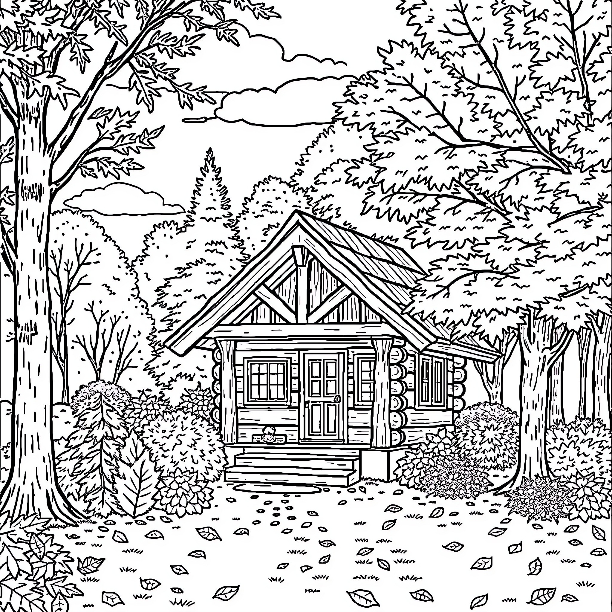 Log Cabin in Autumn Woodland Coloring Page (free black-and-white line drawing printable PDF for all, from beginners to advanced learners, including children, teens, adults, and seniors)