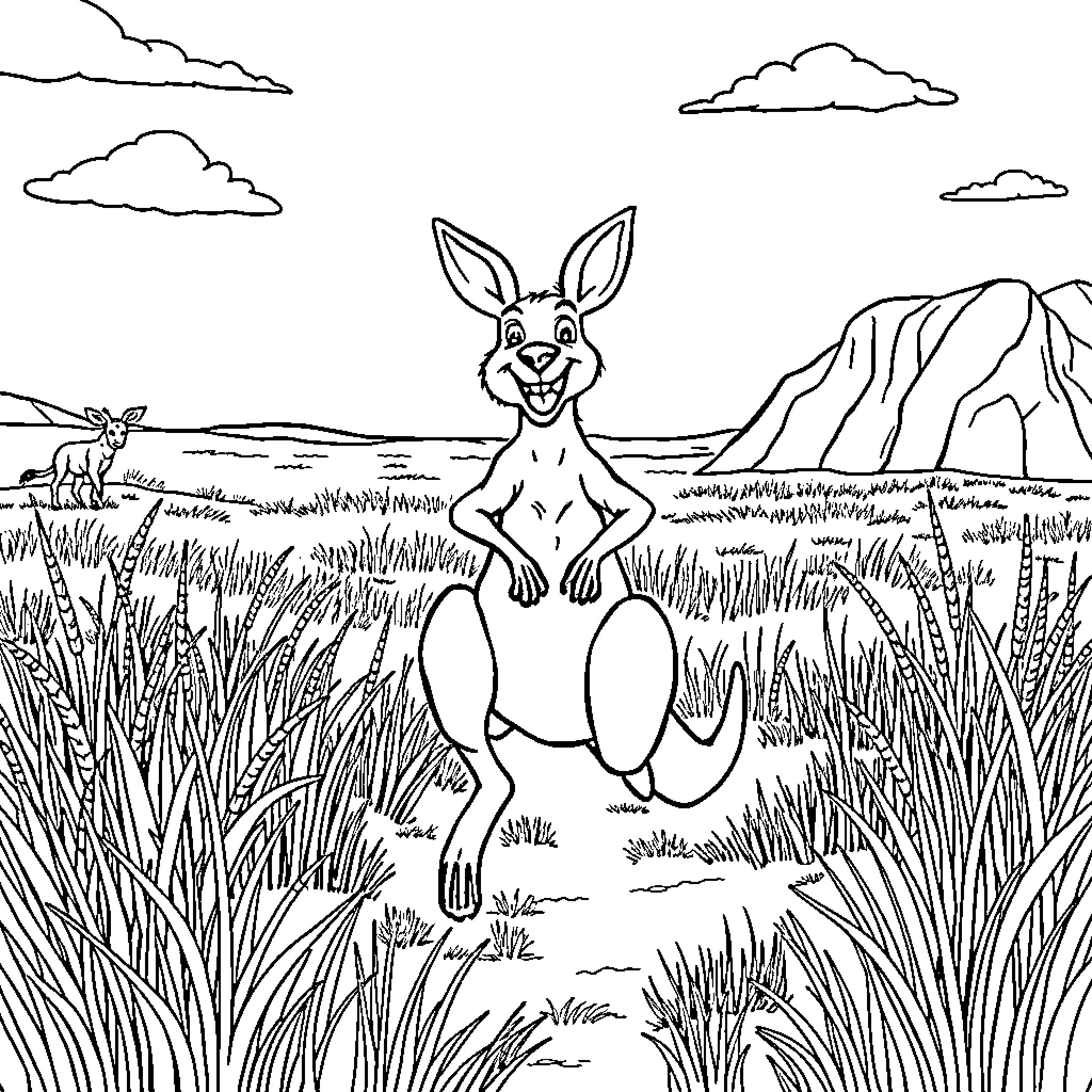 Kangaroo hopping playfully in the meadow Coloring Page (free black-and-white line drawing printable PDF for all, from beginners to advanced learners, including children, teens, adults, and seniors)