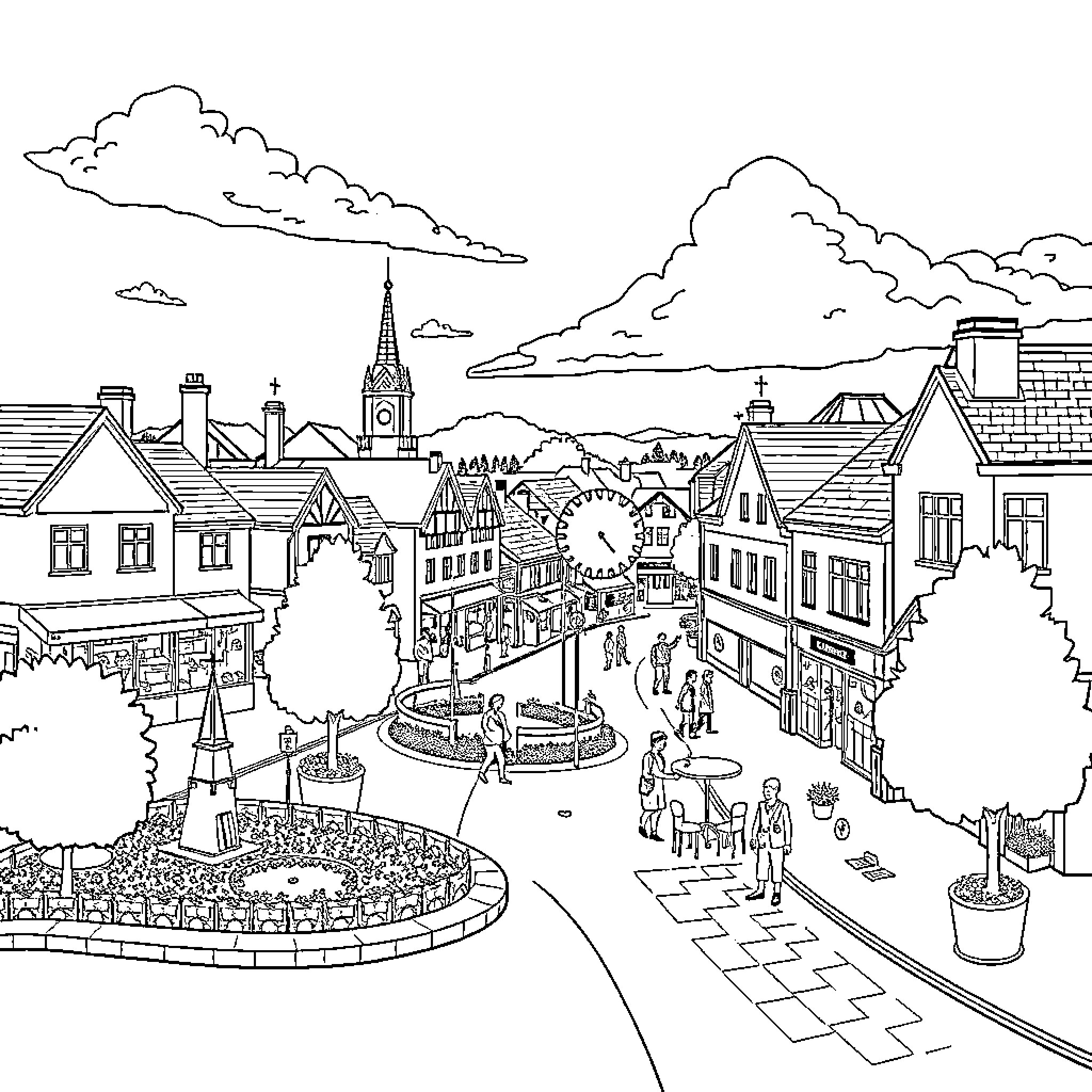 Mexborough: Vibrant townscape with quaint architecture and bustling activities Coloring Page (free black-and-white line drawing printable PDF for all, from beginners to advanced learners, including children, teens, adults, and seniors)