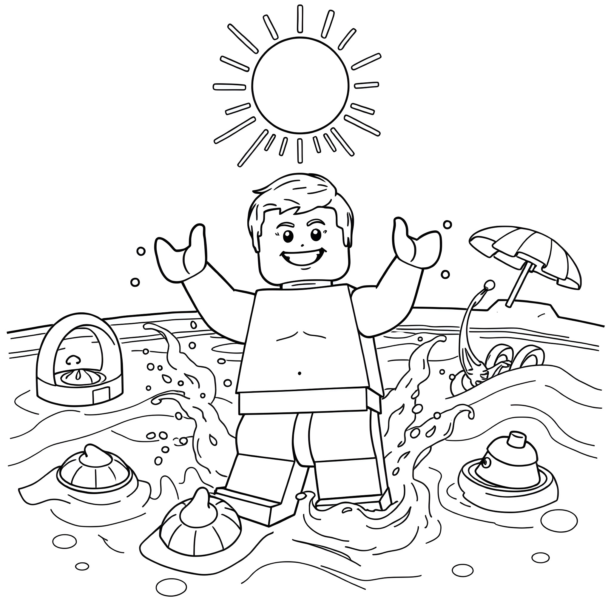 Lego Man enjoying a sunny day at the beach Coloring Page (free black-and-white line drawing printable PDF for all, from beginners to advanced learners, including children, teens, adults, and seniors)