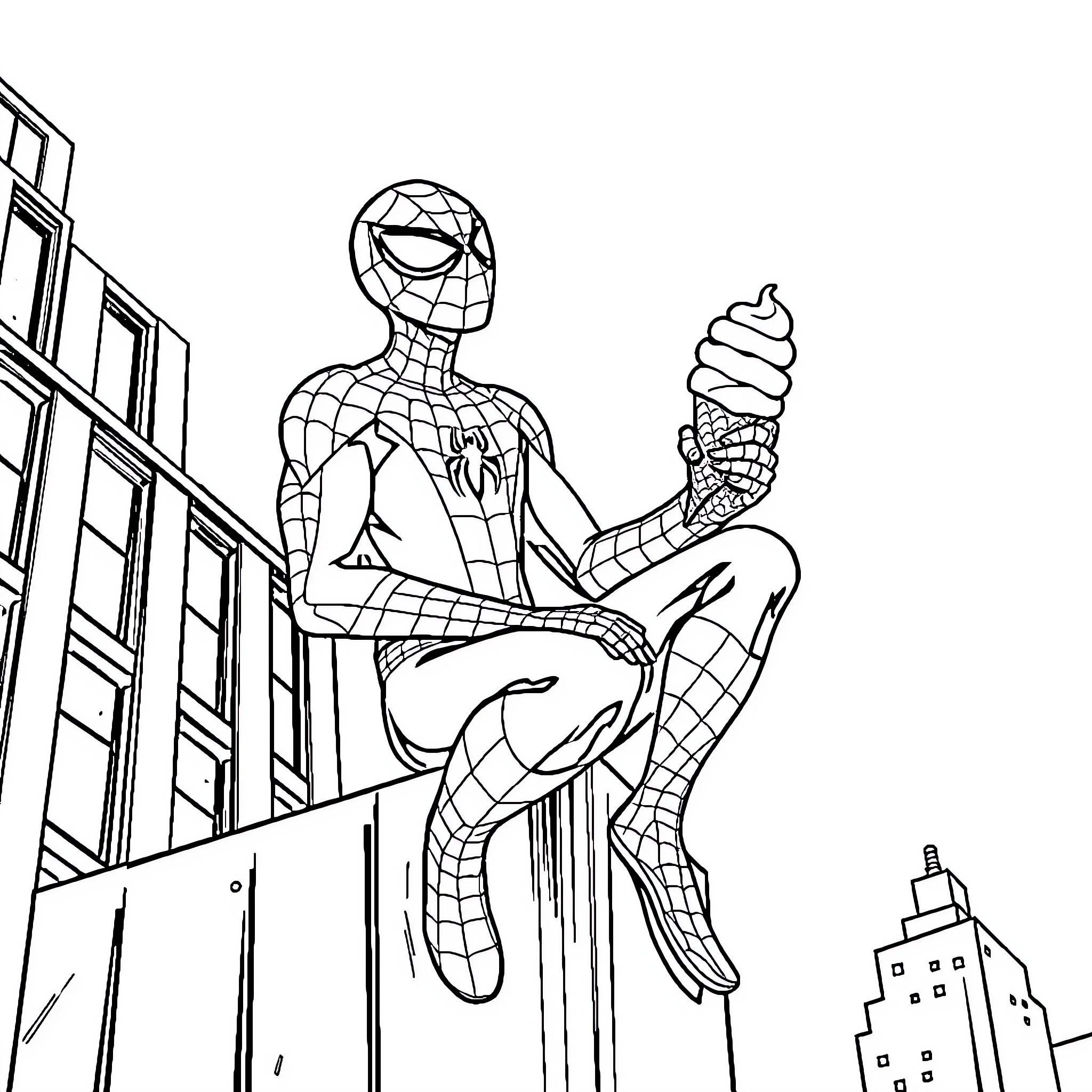 Spiderman climbing on building and holding ice cream Coloring Page (free black-and-white line drawing printable PDF for all, from beginners to advanced learners, including children, teens, adults, and seniors)