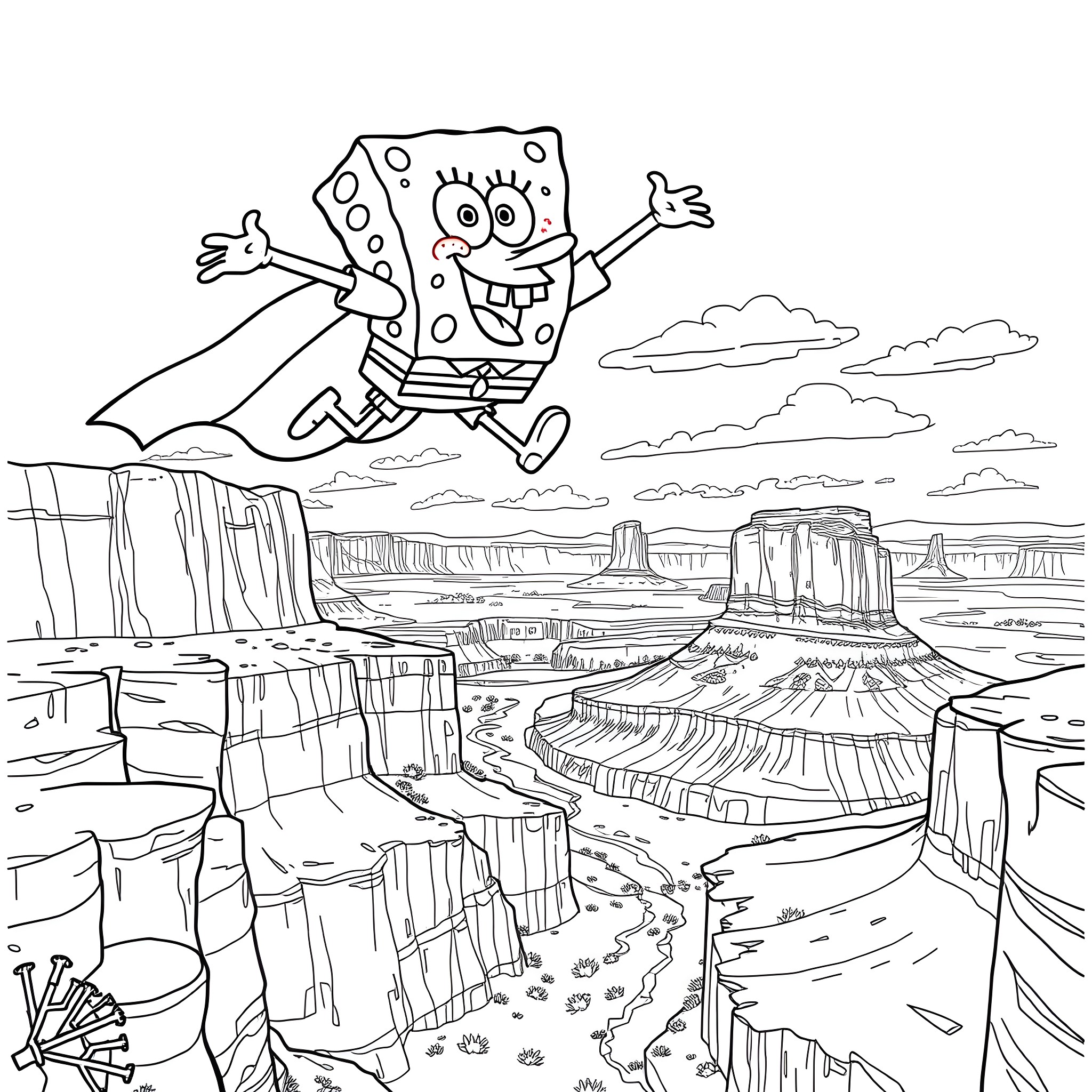 Spongebob jumping joyfully in the desert landscape Coloring Page (free black-and-white line drawing printable PDF for all, from beginners to advanced learners, including children, teens, adults, and seniors)