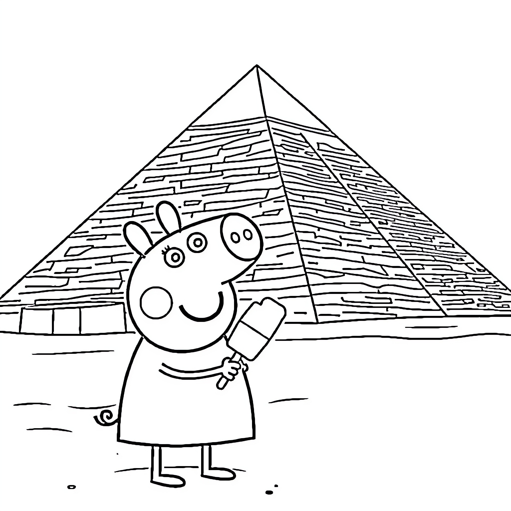 Peppa Pig visits the ancient Egyptian pyramids Coloring Page (free black-and-white line drawing printable PDF for all, from beginners to advanced learners, including children, teens, adults, and seniors)