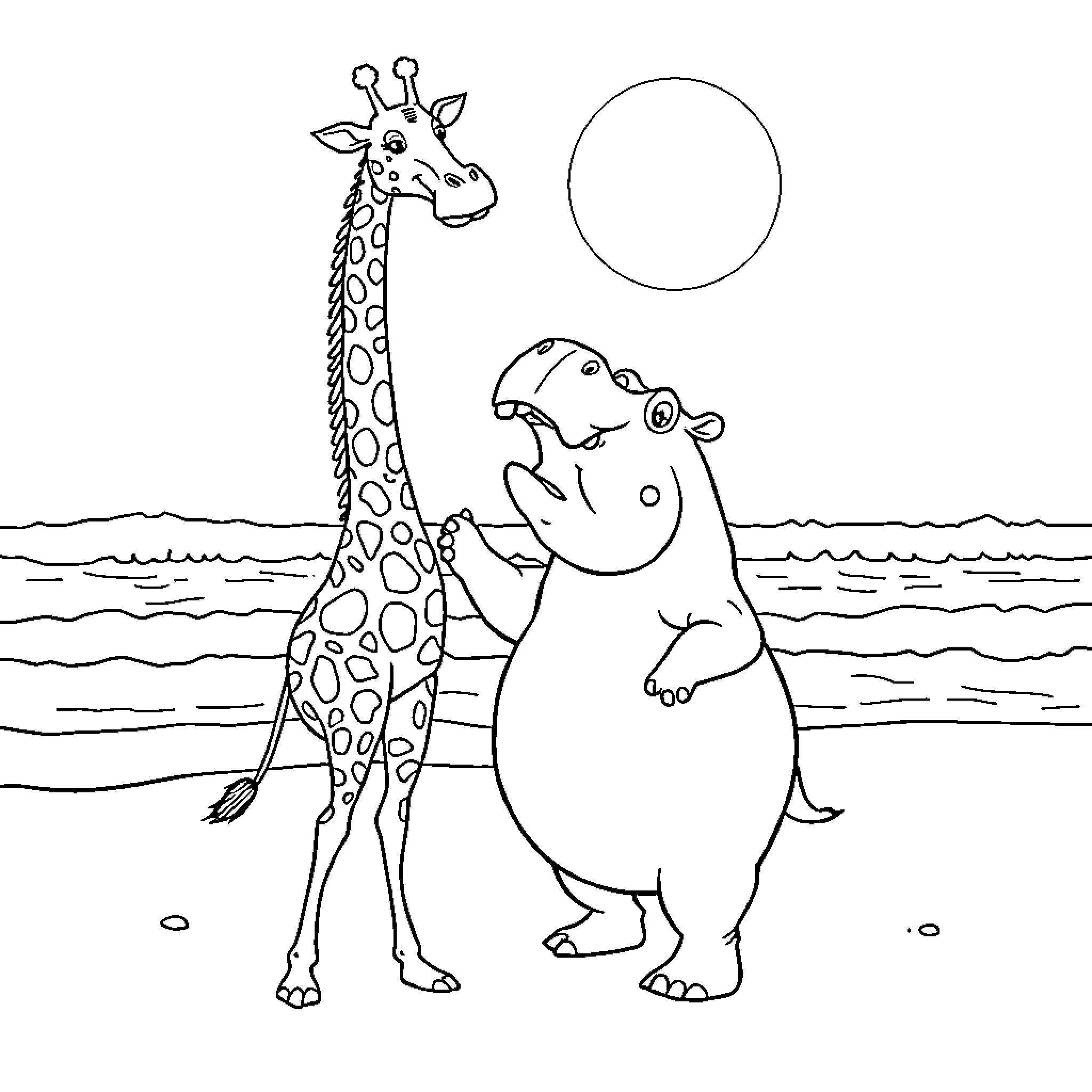 Giraffe and Hippo by the Water Coloring Page (free black-and-white line drawing printable PDF for all, from beginners to advanced learners, including children, teens, adults, and seniors)