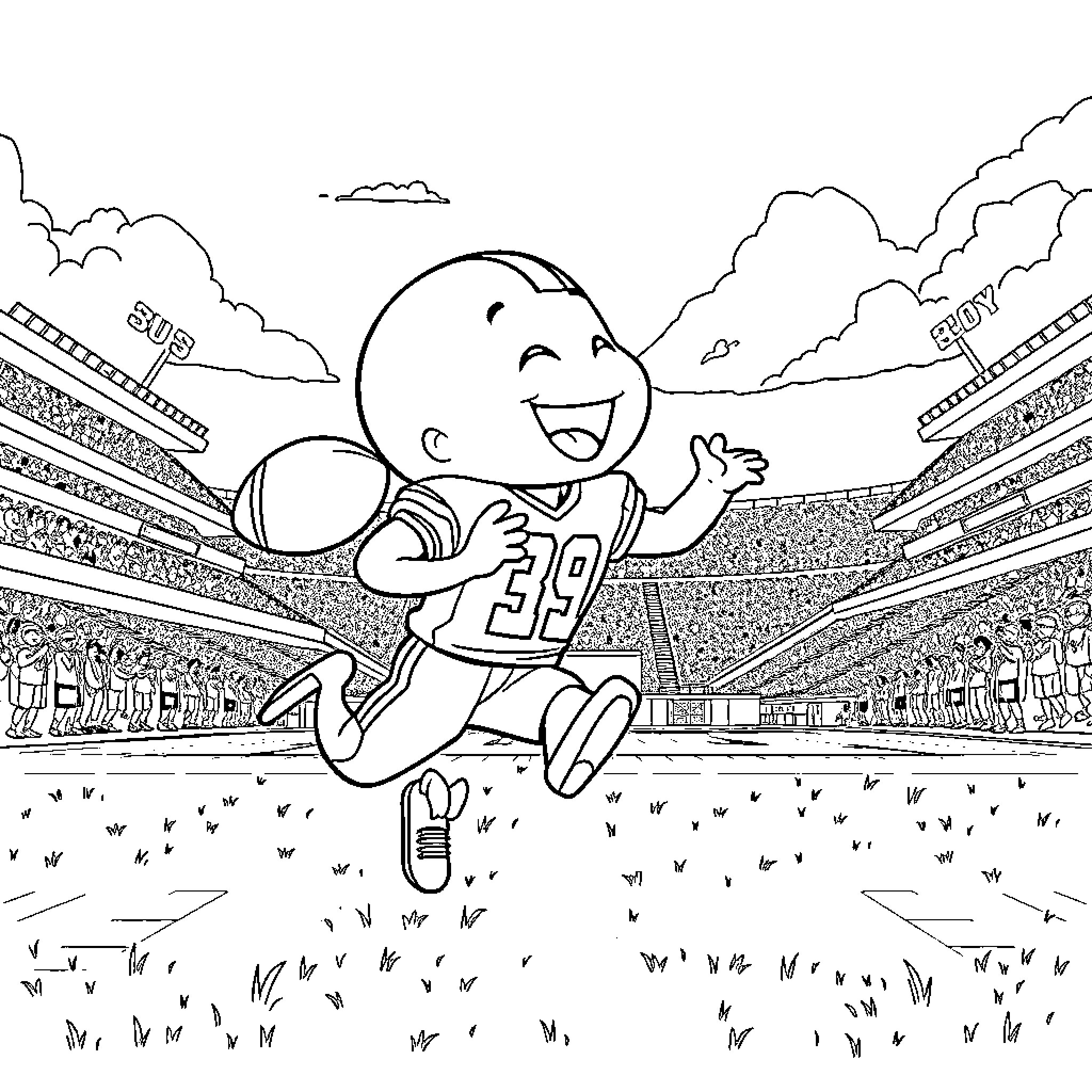 Bluey playing happily in a sports stadium Coloring Page (free black-and-white line drawing printable PDF for all, from beginners to advanced learners, including children, teens, adults, and seniors)