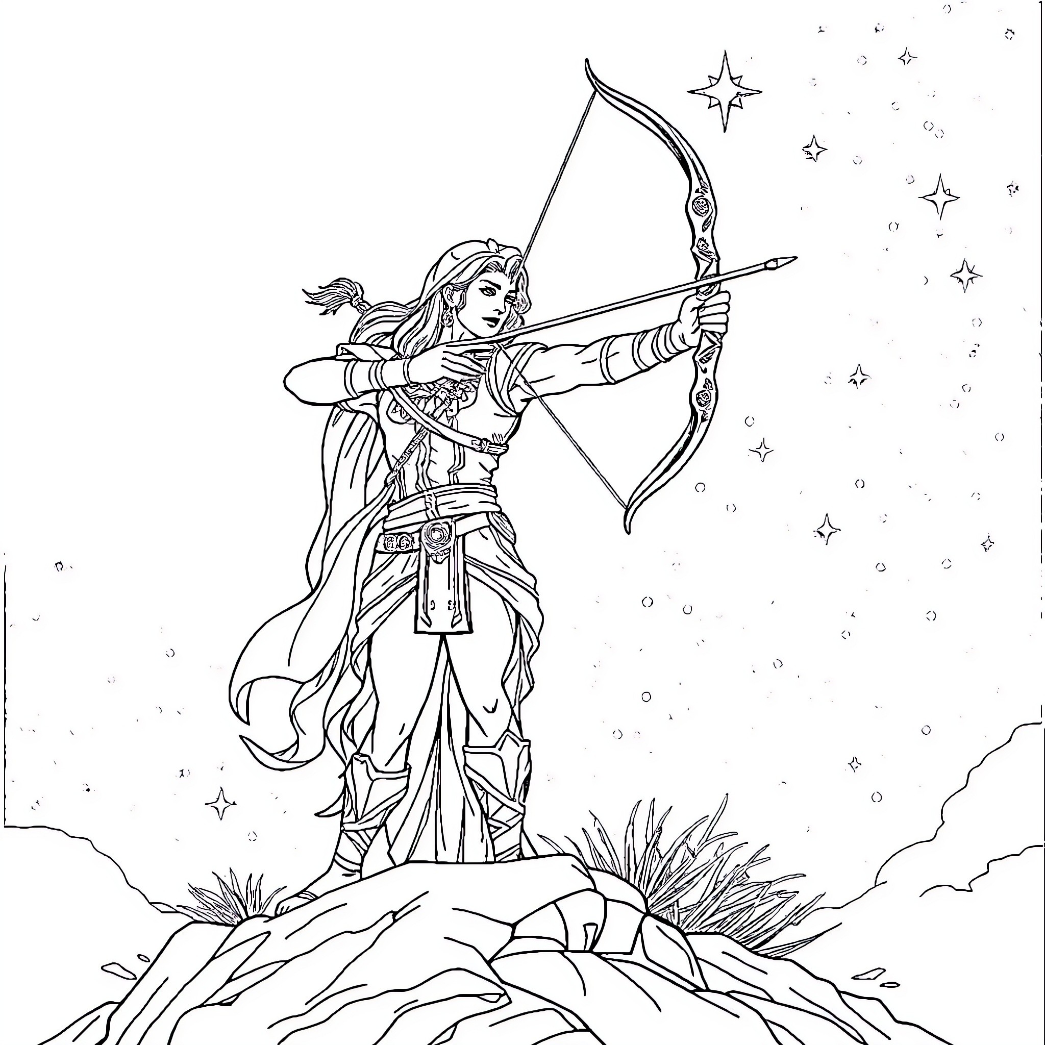 Sagittarius archer aiming for the stars Coloring Page (free black-and-white line drawing printable PDF for all, from beginners to advanced learners, including children, teens, adults, and seniors)