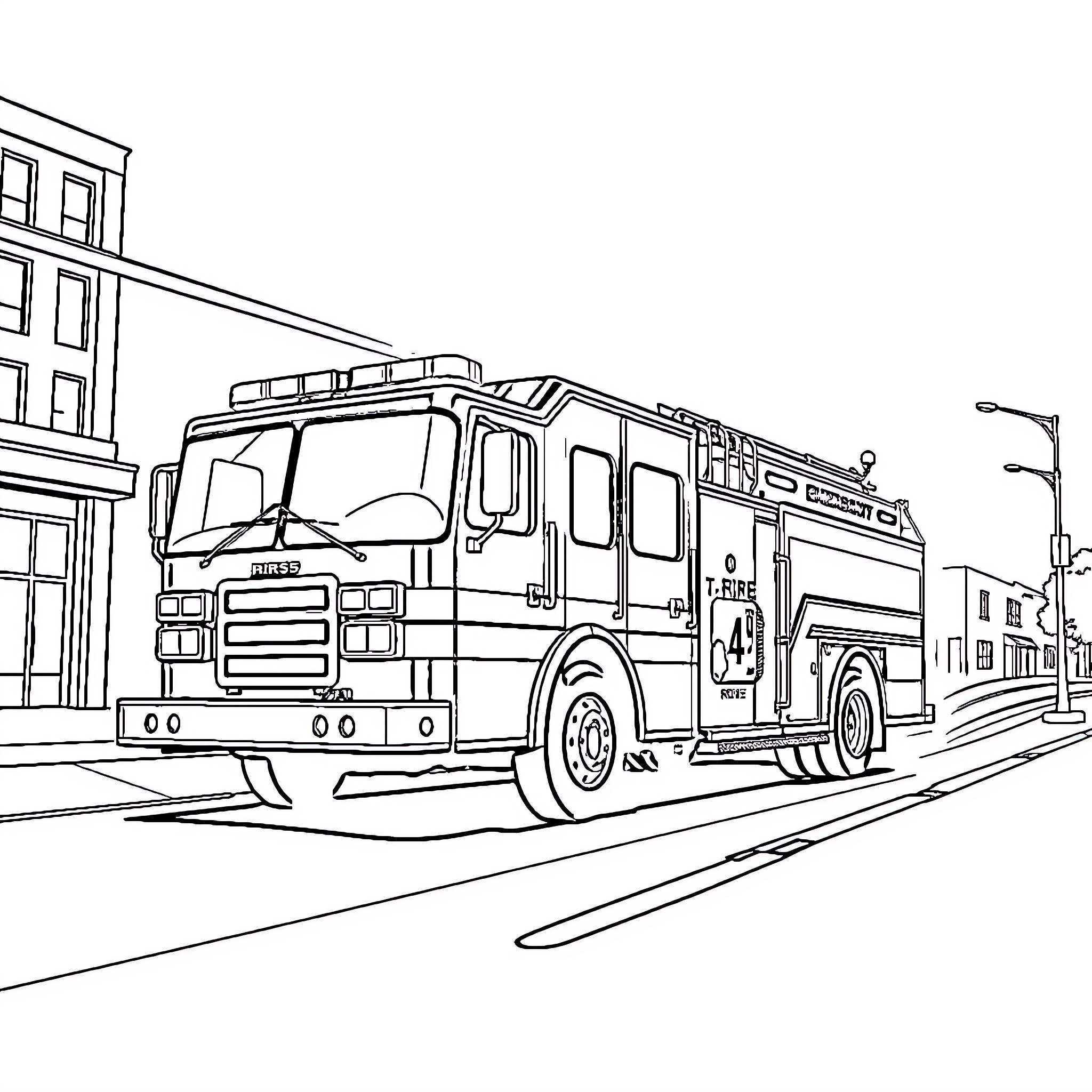 Fire Truck Responding to Emergency Call on City Street Coloring Page (free black-and-white line drawing printable PDF for all, from beginners to advanced learners, including children, teens, adults, and seniors)