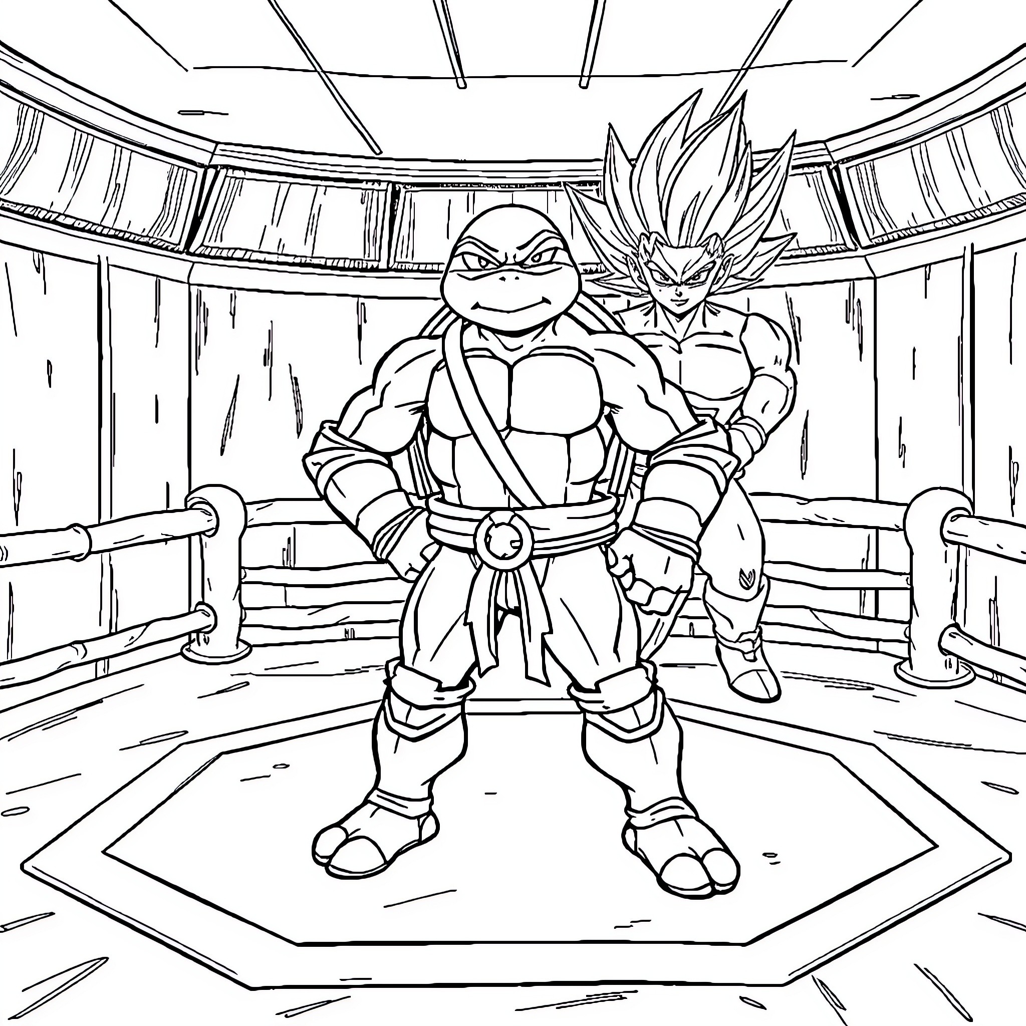 Raphael and Vegeta in an Epic Showdown Coloring Page (free black-and-white line drawing printable PDF for all, from beginners to advanced learners, including children, teens, adults, and seniors)