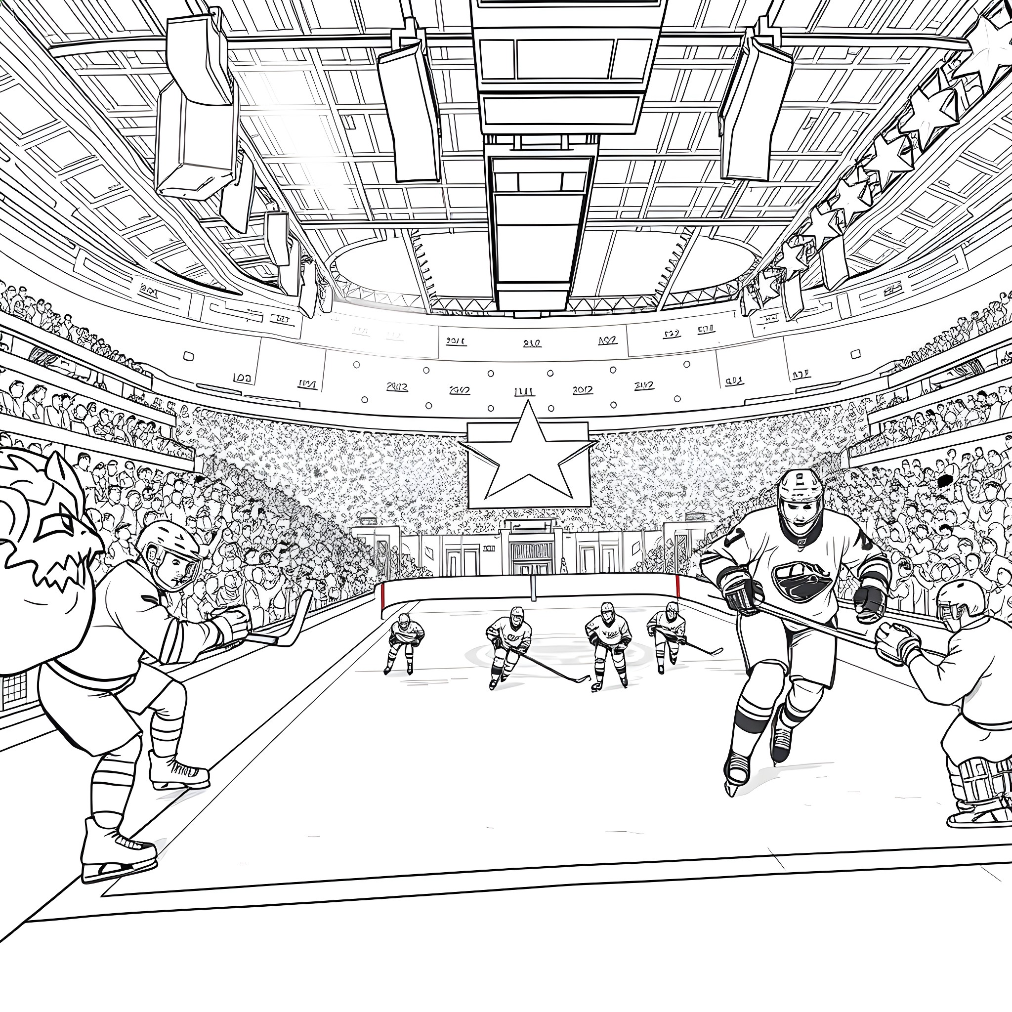 Wildcat Hockey Match in a Packed Arena Coloring Page (free black-and-white line drawing printable PDF for all, from beginners to advanced learners, including children, teens, adults, and seniors)