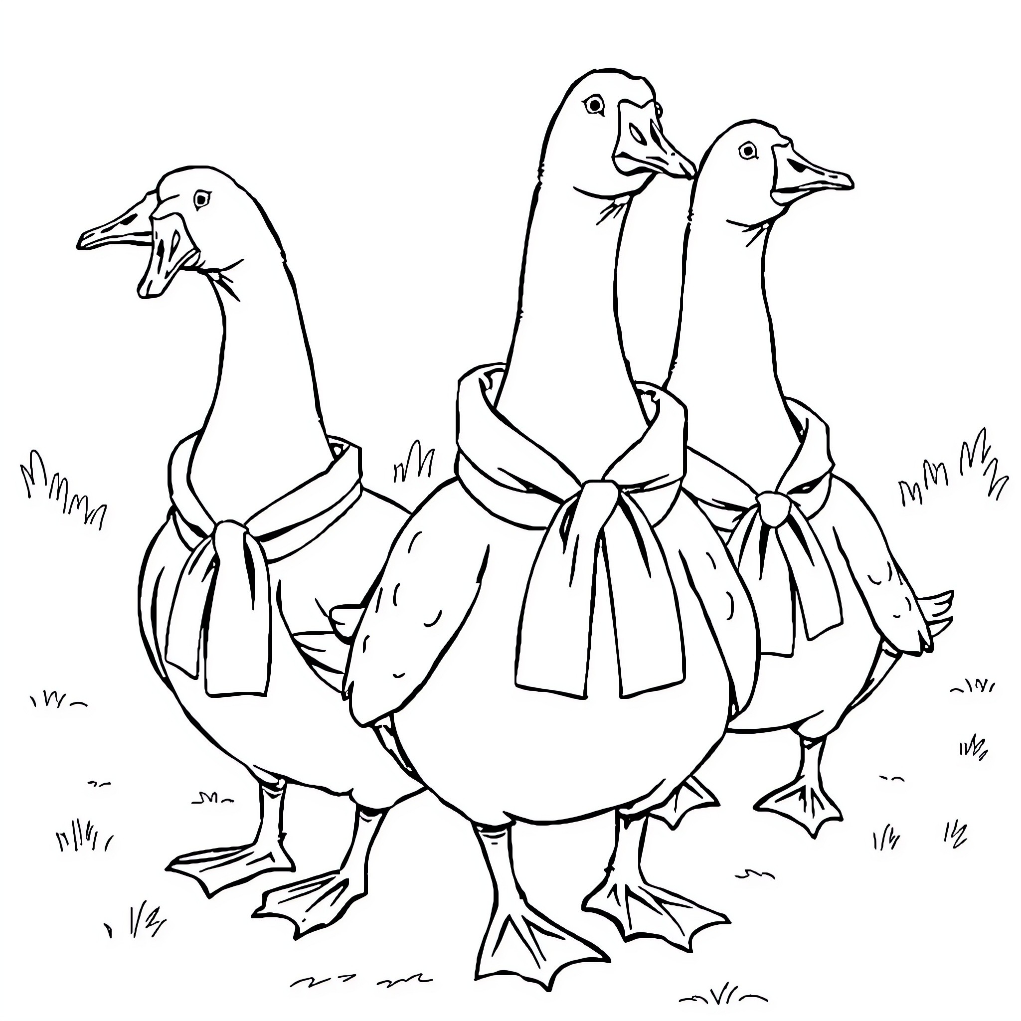 Goose family wearing festive bows Coloring Page (free black-and-white line drawing printable PDF for all, from beginners to advanced learners, including children, teens, adults, and seniors)