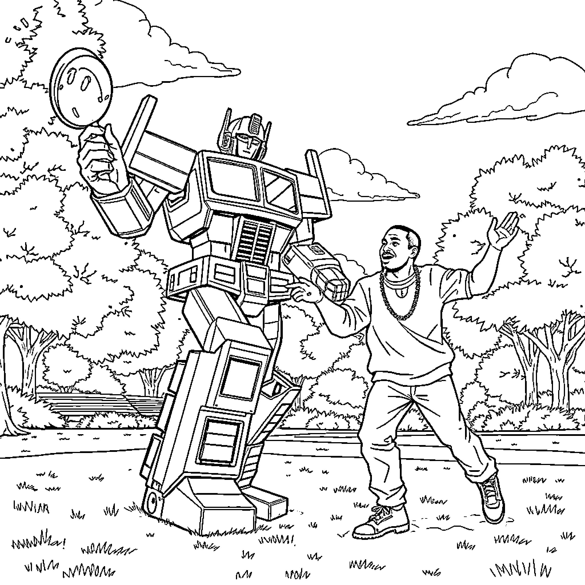 Optimus Prime and Human Encounter in Nature Coloring Page (free black-and-white line drawing printable PDF for all, from beginners to advanced learners, including children, teens, adults, and seniors)