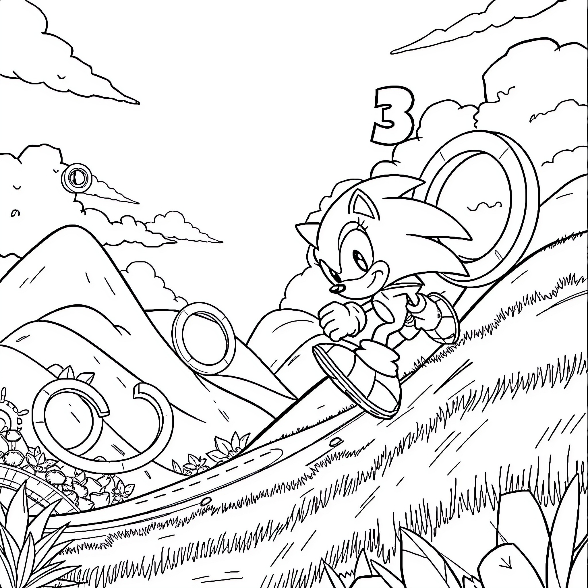 Sonic's Wild Adventure Through the Landscapes Coloring Page (free black-and-white line drawing printable PDF for all, from beginners to advanced learners, including children, teens, adults, and seniors)