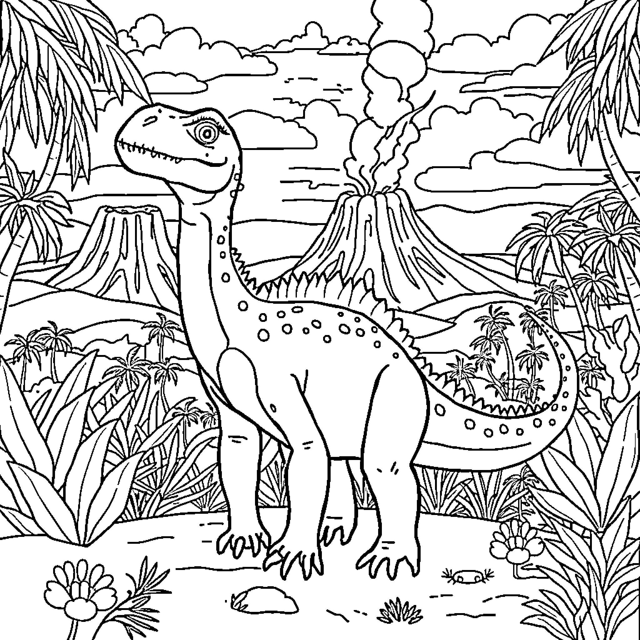 Iguanodon Exploring Prehistoric Landscape with Volcanoes Coloring Page (free black-and-white line drawing printable PDF for all, from beginners to advanced learners, including children, teens, adults, and seniors)