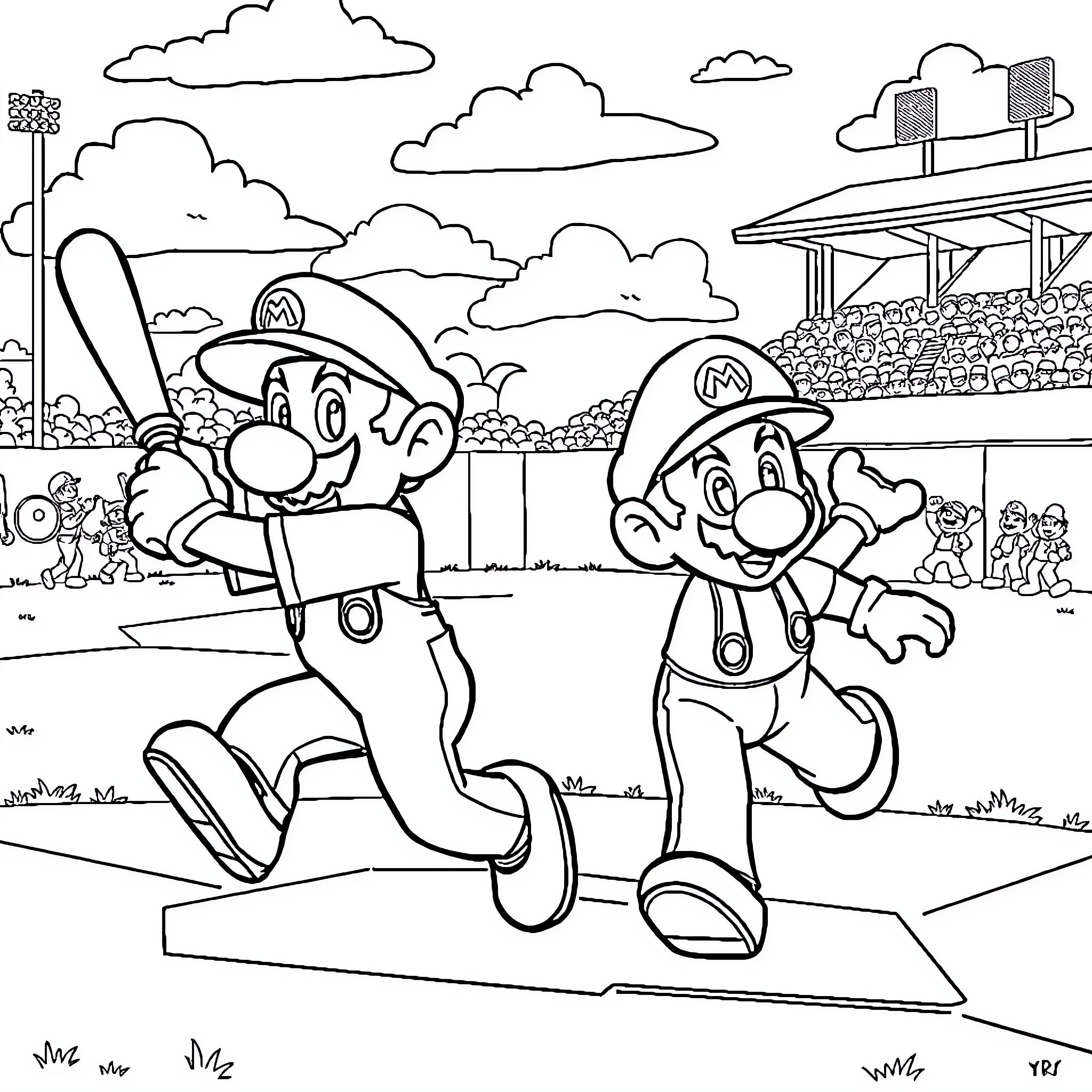Super Mario Brothers Playing on Stadium Field Coloring Page (free black-and-white line drawing printable PDF for all, from beginners to advanced learners, including children, teens, adults, and seniors)