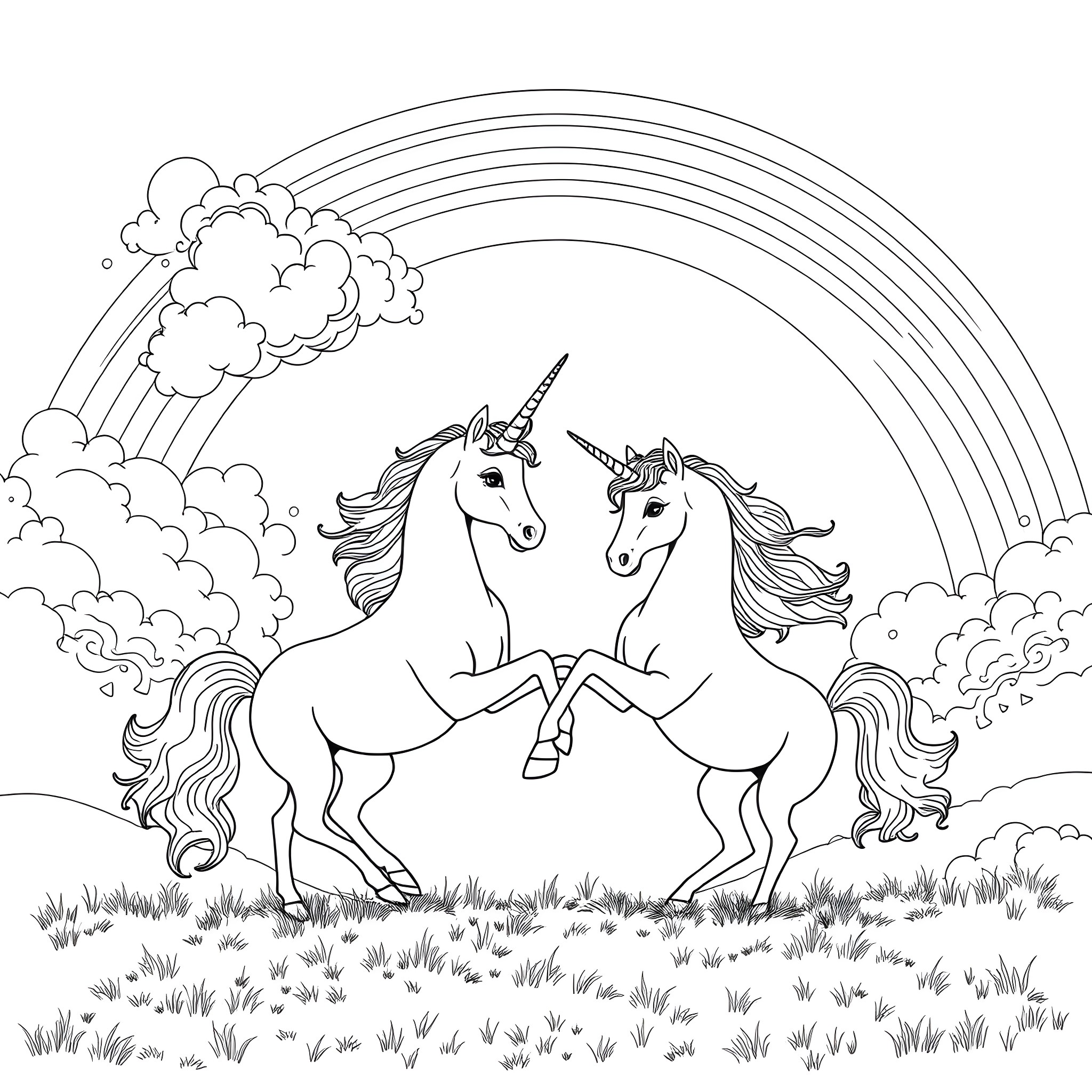 Unicorn pair prancing under rainbow in meadow Coloring Page (free black-and-white line drawing printable PDF for all, from beginners to advanced learners, including children, teens, adults, and seniors)