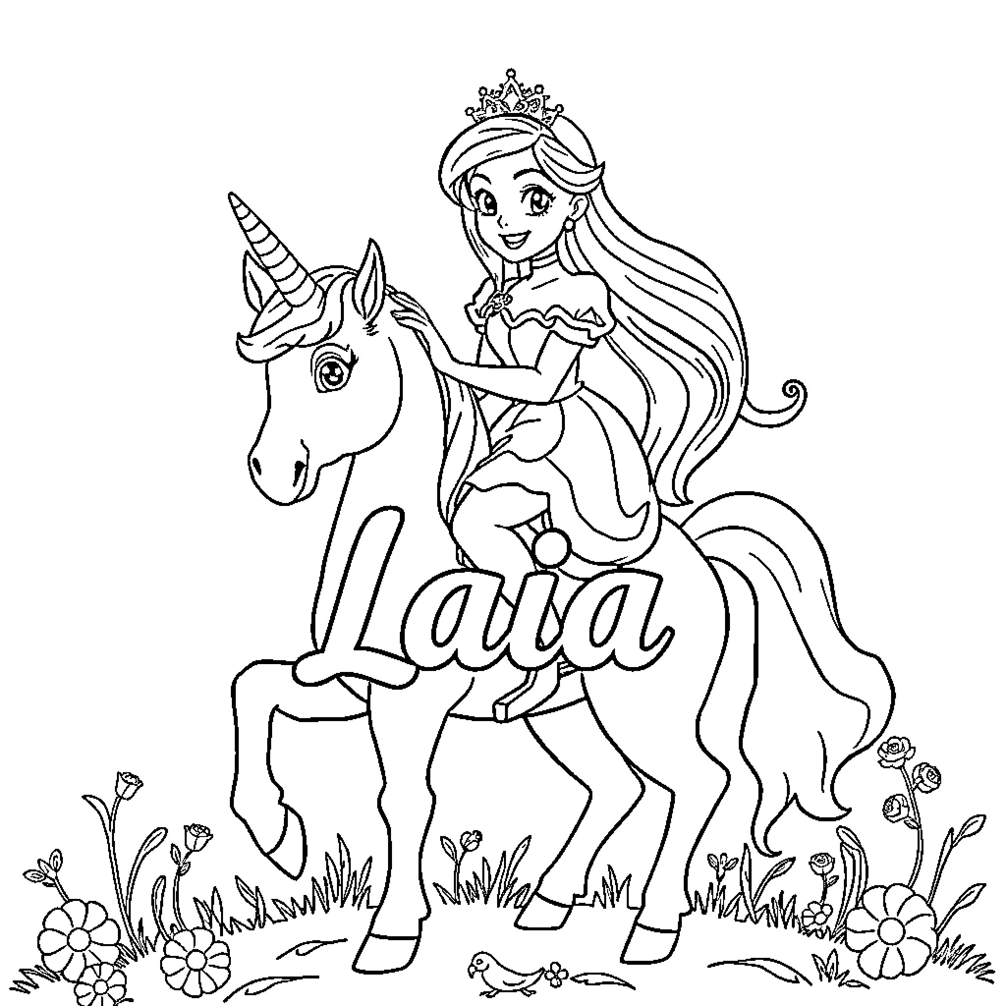 Princess Riding a Magical Unicorn Coloring Page (free black-and-white line drawing printable PDF for all, from beginners to advanced learners, including children, teens, adults, and seniors)
