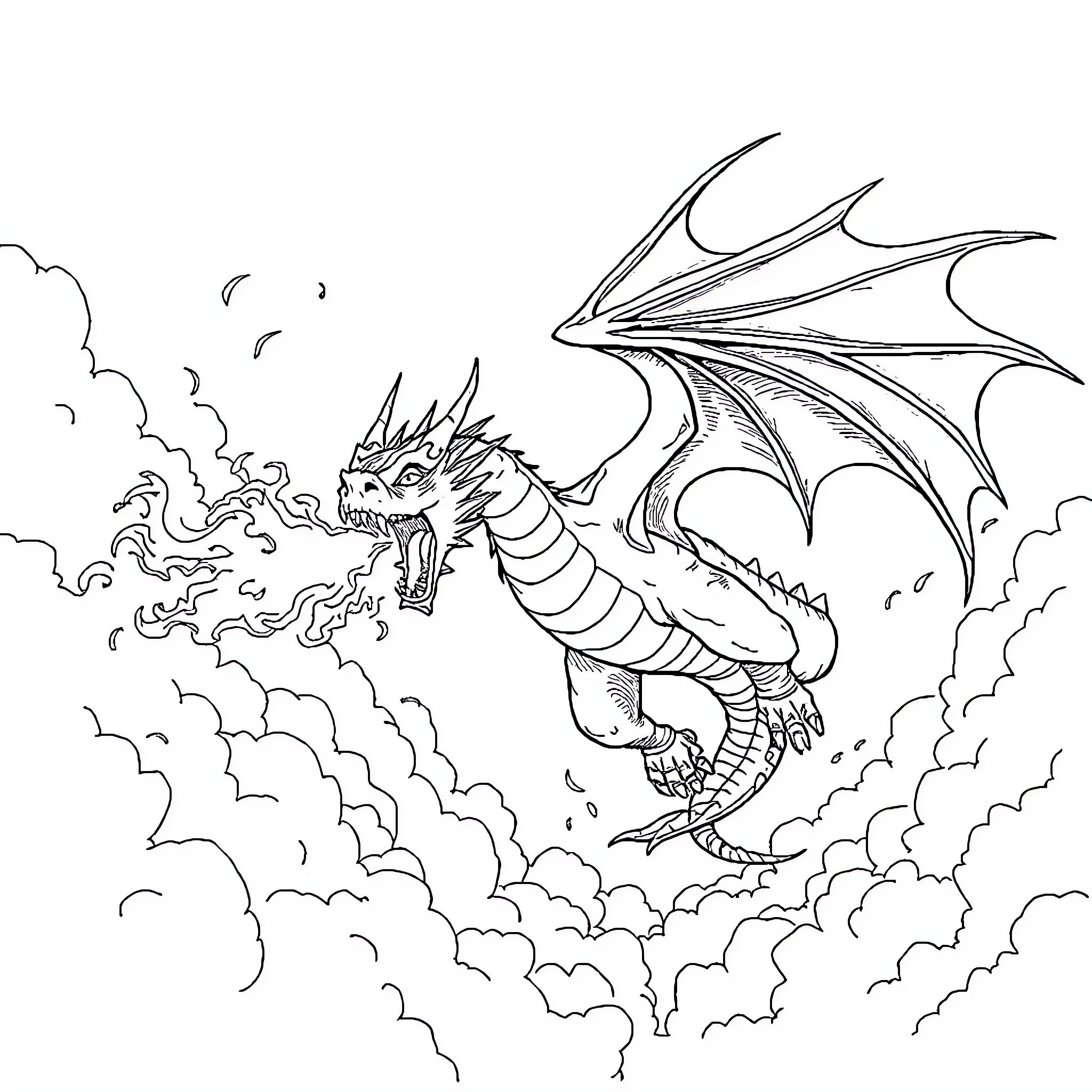 Dragon Soaring through the Clouds Coloring Page (free black-and-white line drawing printable PDF for all, from beginners to advanced learners, including children, teens, adults, and seniors)