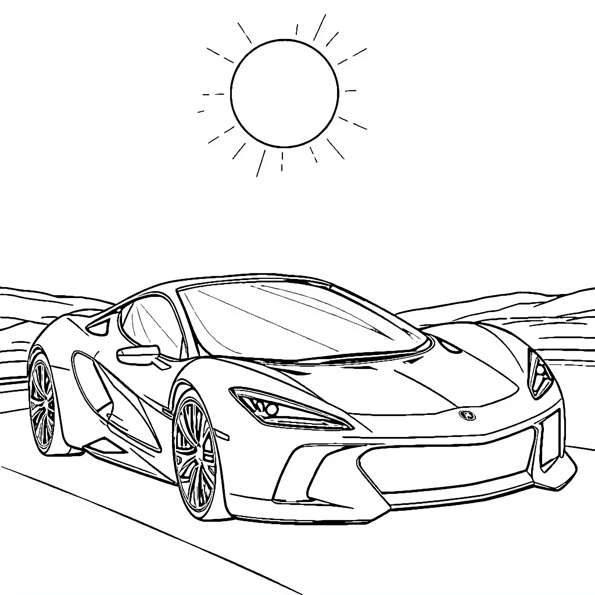 Sports Car in Scenic Outdoor Setting Coloring Page (free black-and-white line drawing printable PDF for all, from beginners to advanced learners, including children, teens, adults, and seniors)