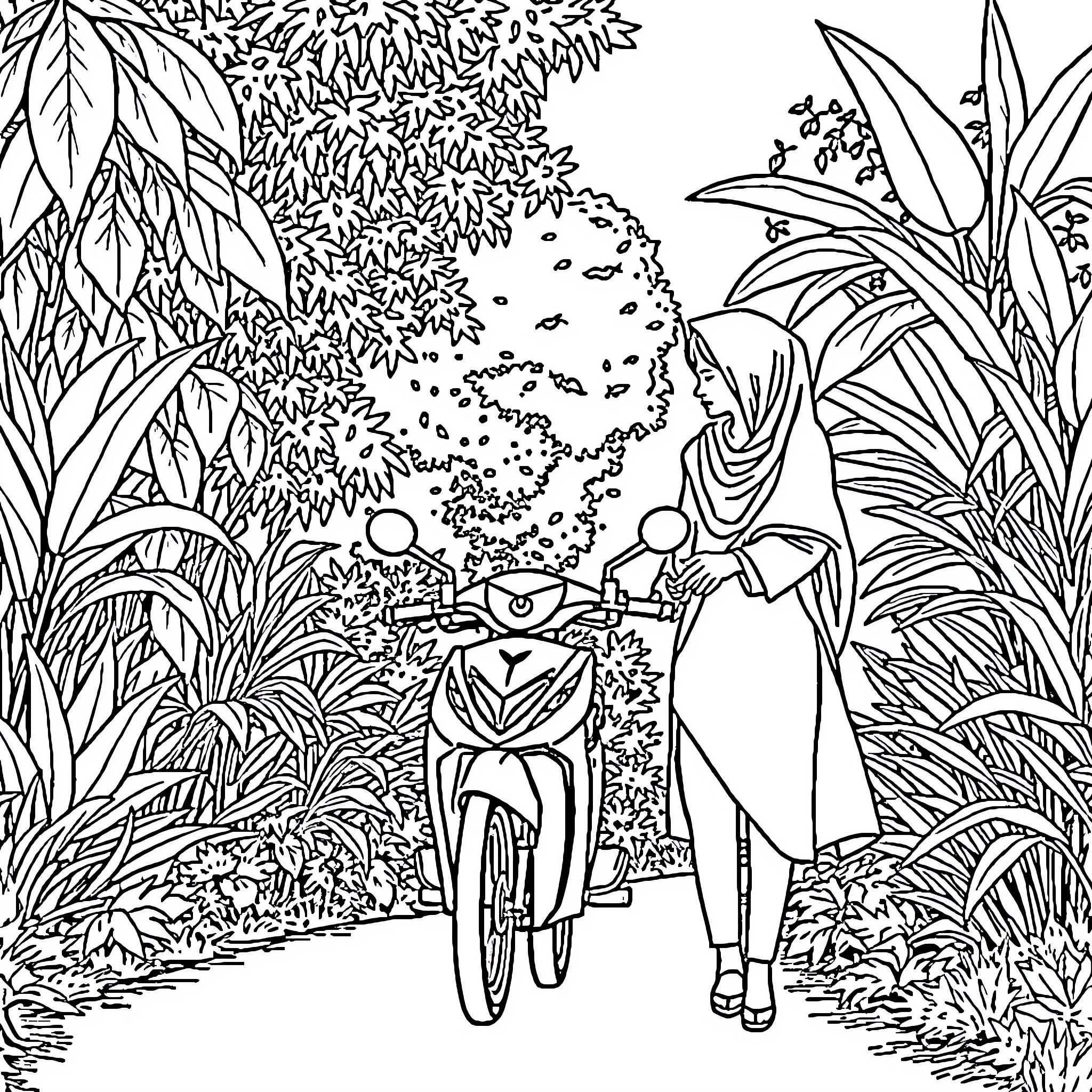 Bicycle ride through lush jungle scenery Coloring Page (free black-and-white line drawing printable PDF for all, from beginners to advanced learners, including children, teens, adults, and seniors)