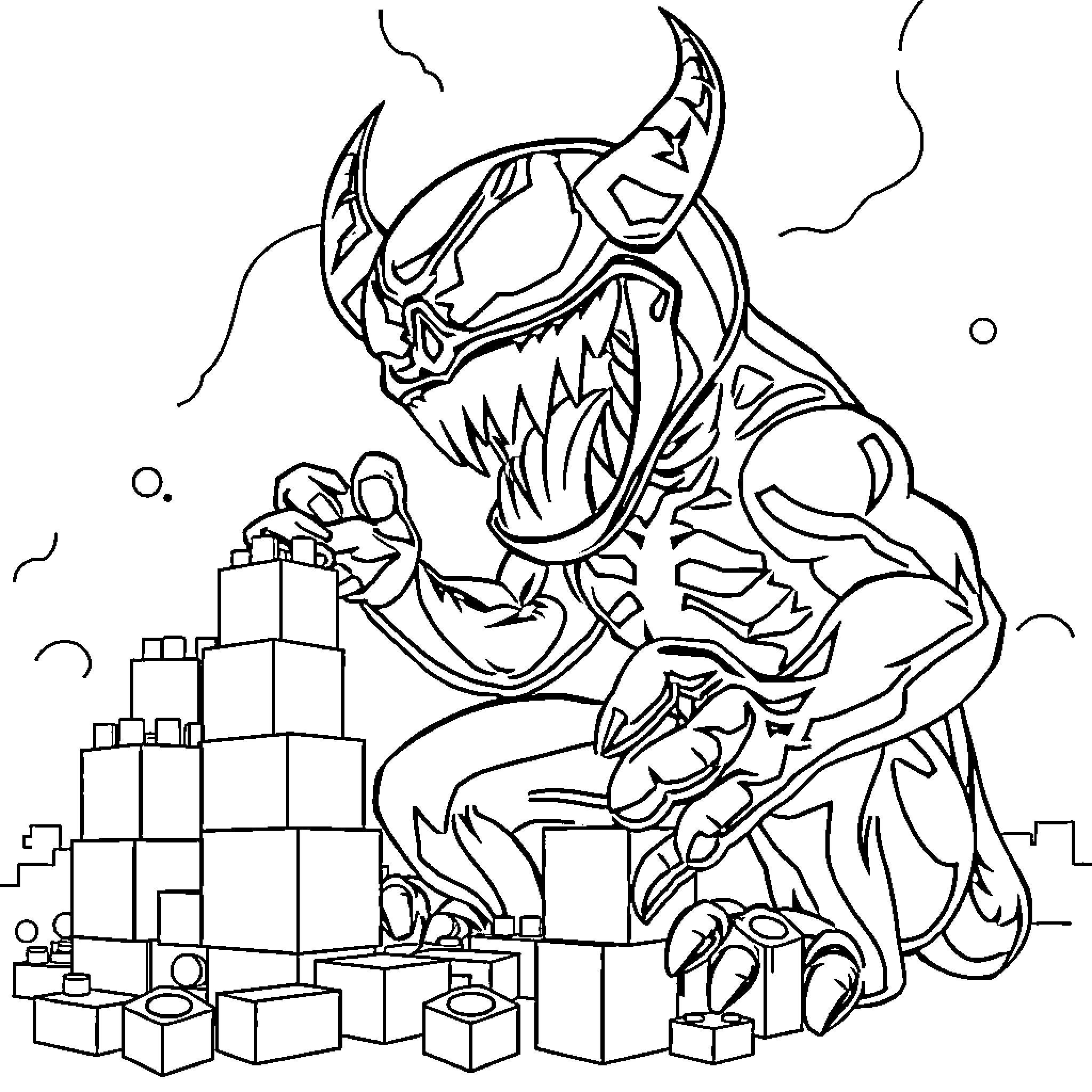 Venom Destroying Cityscape with Rage Coloring Page (free black-and-white line drawing printable PDF for all, from beginners to advanced learners, including children, teens, adults, and seniors)