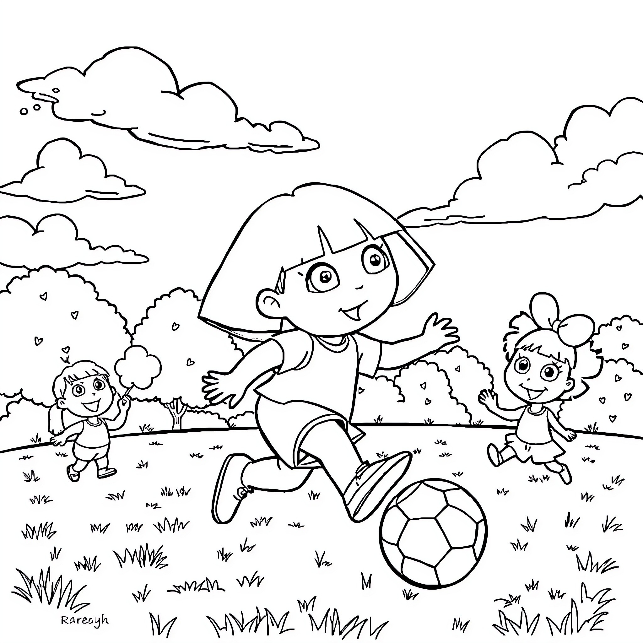 Dora and Boots playing soccer in the park Coloring Page (free black-and-white line drawing printable PDF for all, from beginners to advanced learners, including children, teens, adults, and seniors)