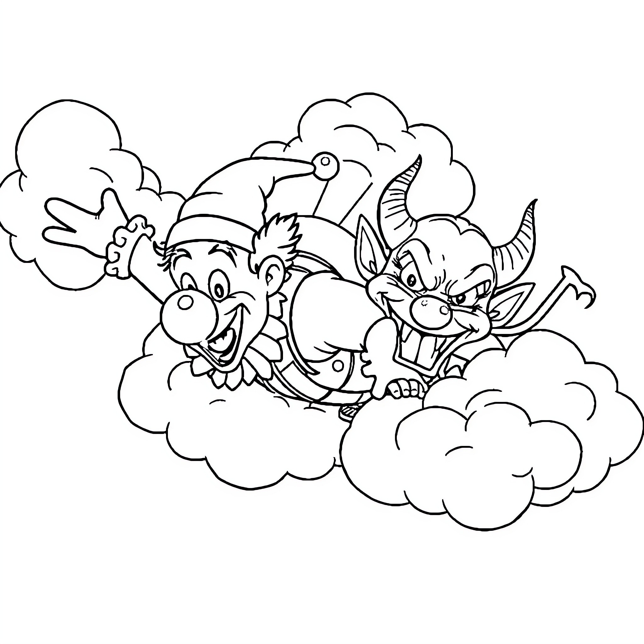 Clowns Frolicking Playfully in the Clouds Coloring Page (free black-and-white line drawing printable PDF for all, from beginners to advanced learners, including children, teens, adults, and seniors)