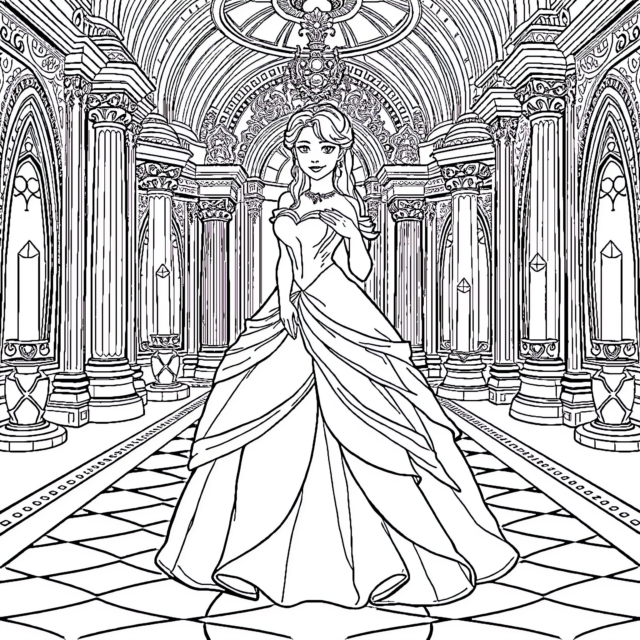 Princess in a Regal Palace Ballroom Coloring Page (free black-and-white line drawing printable PDF for all, from beginners to advanced learners, including children, teens, adults, and seniors)