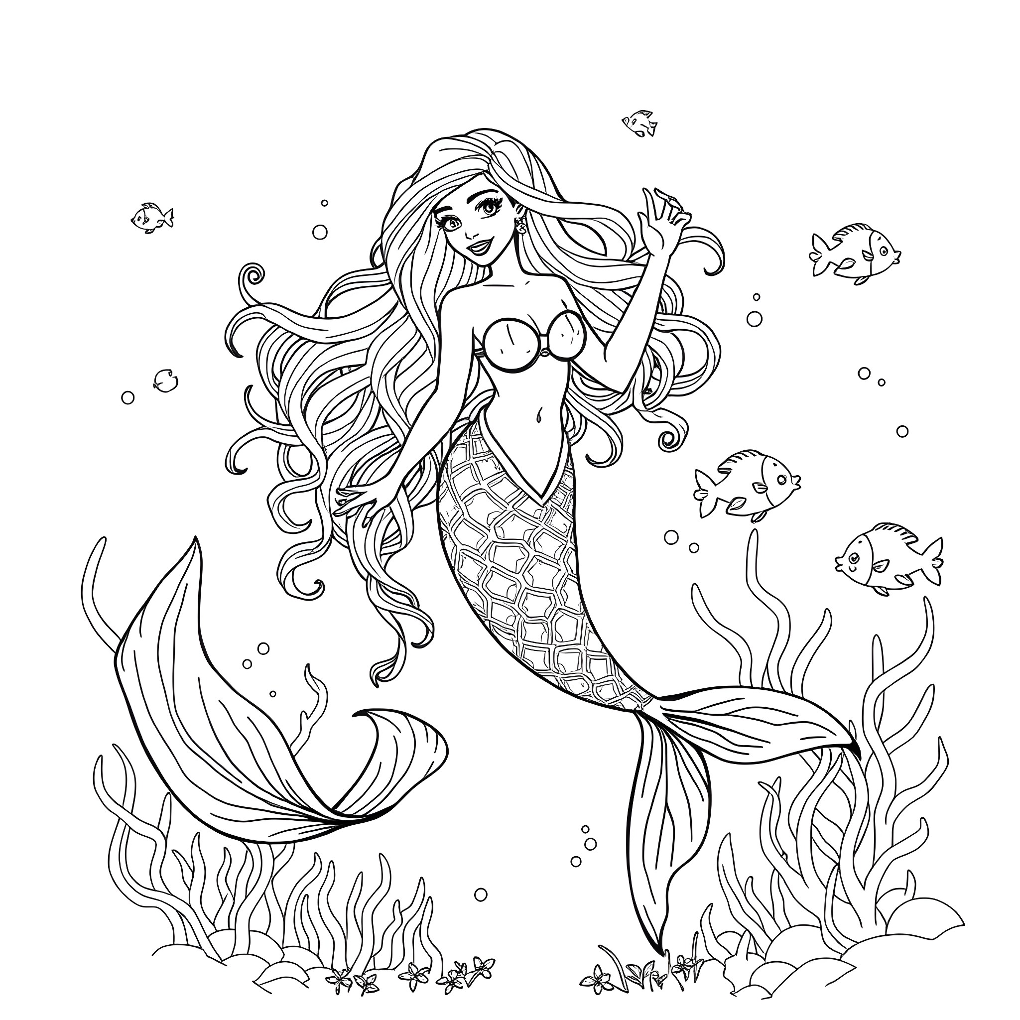 Mermaid swimming gracefully among sea creatures Coloring Page (free black-and-white line drawing printable PDF for all, from beginners to advanced learners, including children, teens, adults, and seniors)