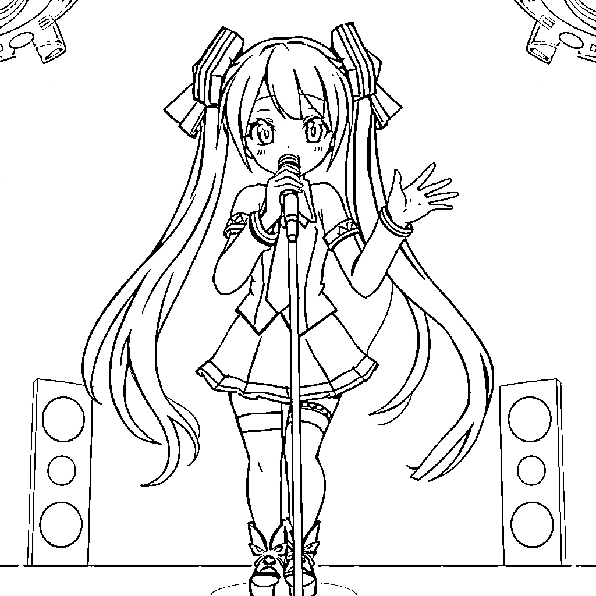 Hatsune Miku performing on stage with microphone Coloring Page (free black-and-white line drawing printable PDF for all, from beginners to advanced learners, including children, teens, adults, and seniors)