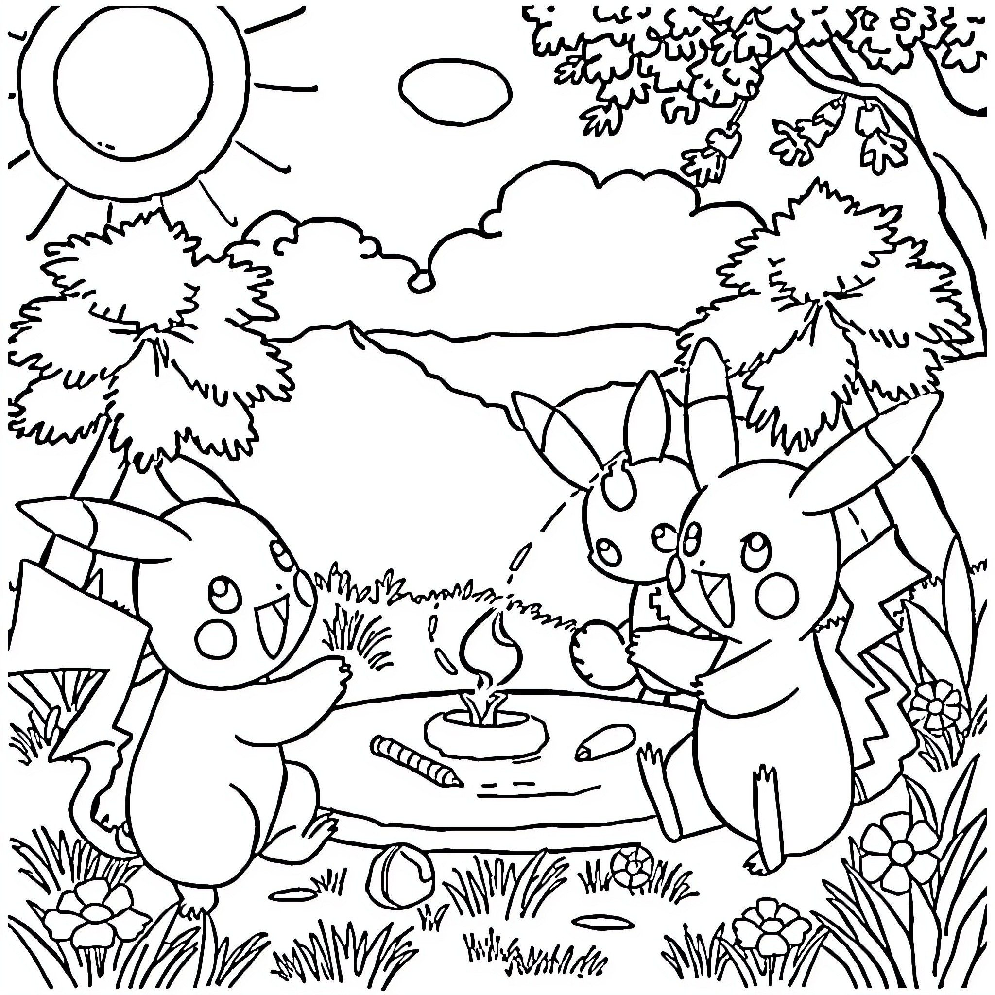 Pokémon Enjoying Picnic in Scenic Outdoor Setting Coloring Page (free black-and-white line drawing printable PDF for all, from beginners to advanced learners, including children, teens, adults, and seniors)