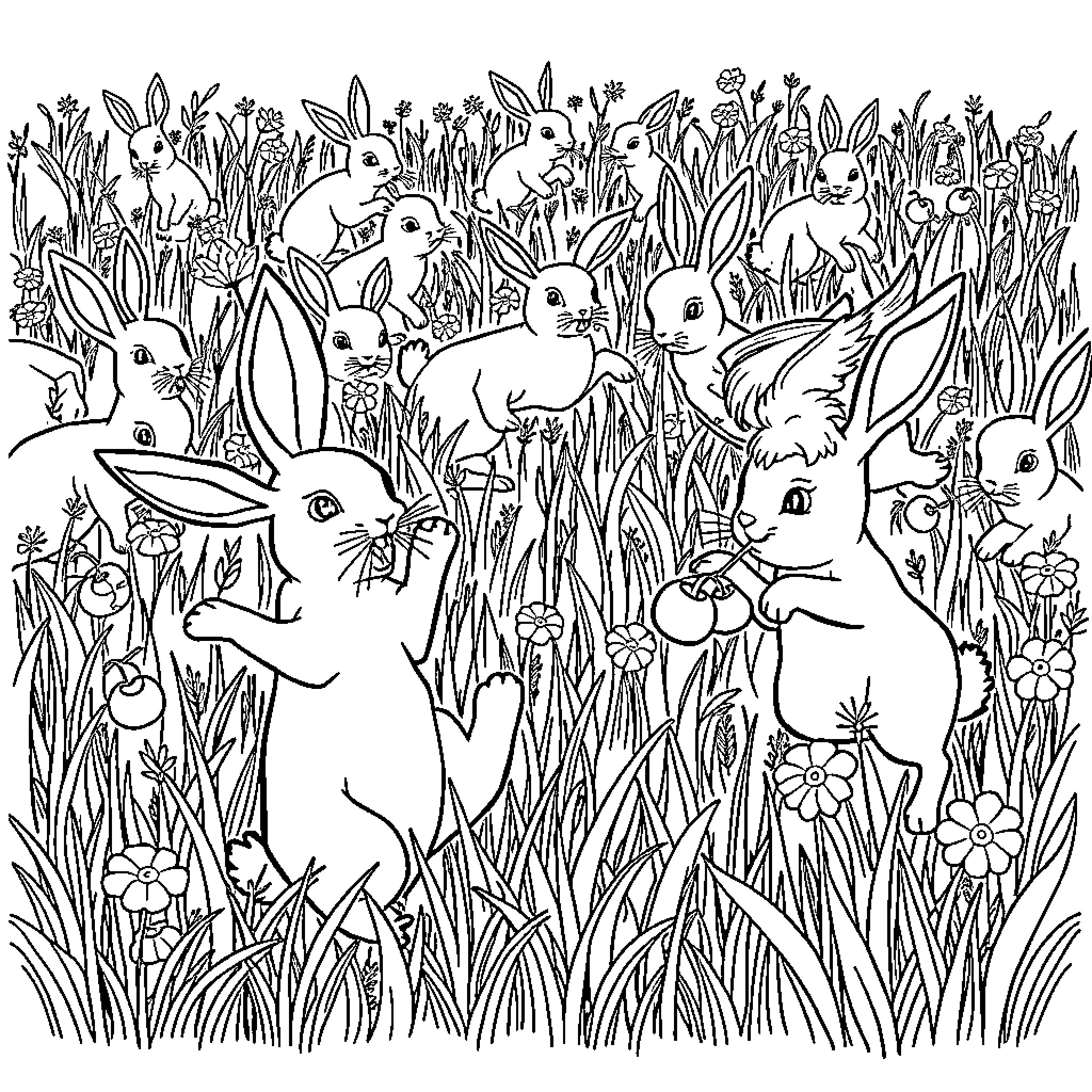 Rabbits frolicking in lush meadow Coloring Page (free black-and-white line drawing printable PDF for all, from beginners to advanced learners, including children, teens, adults, and seniors)