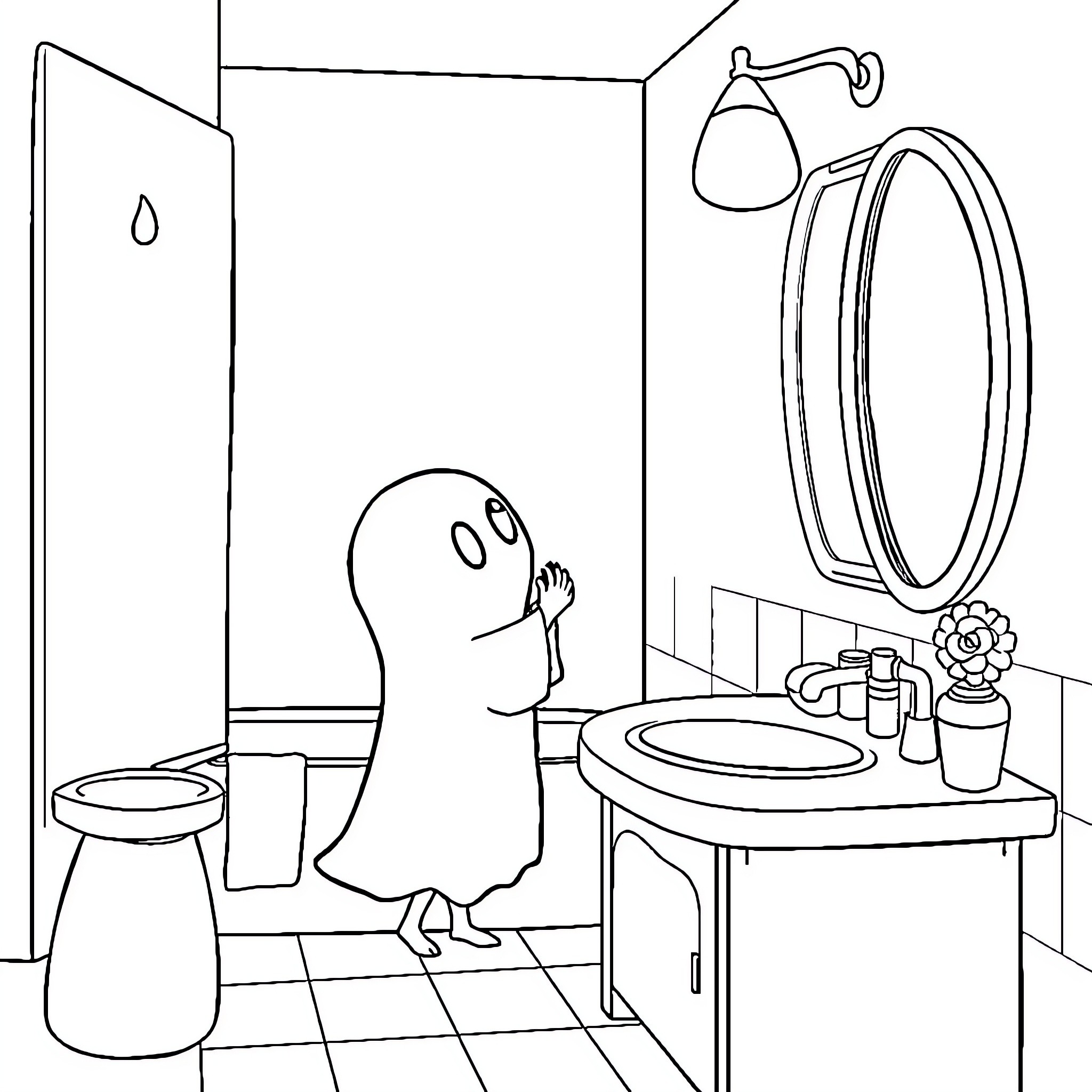 Ghost exploring a bathroom with curiosity Coloring Page (free black-and-white line drawing printable PDF for all, from beginners to advanced learners, including children, teens, adults, and seniors)