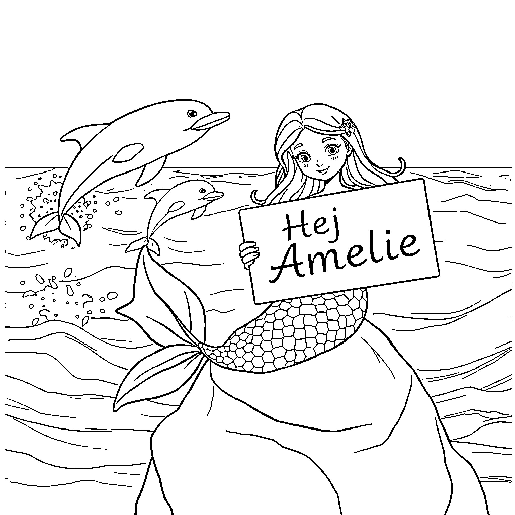 Mermaid Waving at Dolphins in the Sea Coloring Page (free black-and-white line drawing printable PDF for all, from beginners to advanced learners, including children, teens, adults, and seniors)