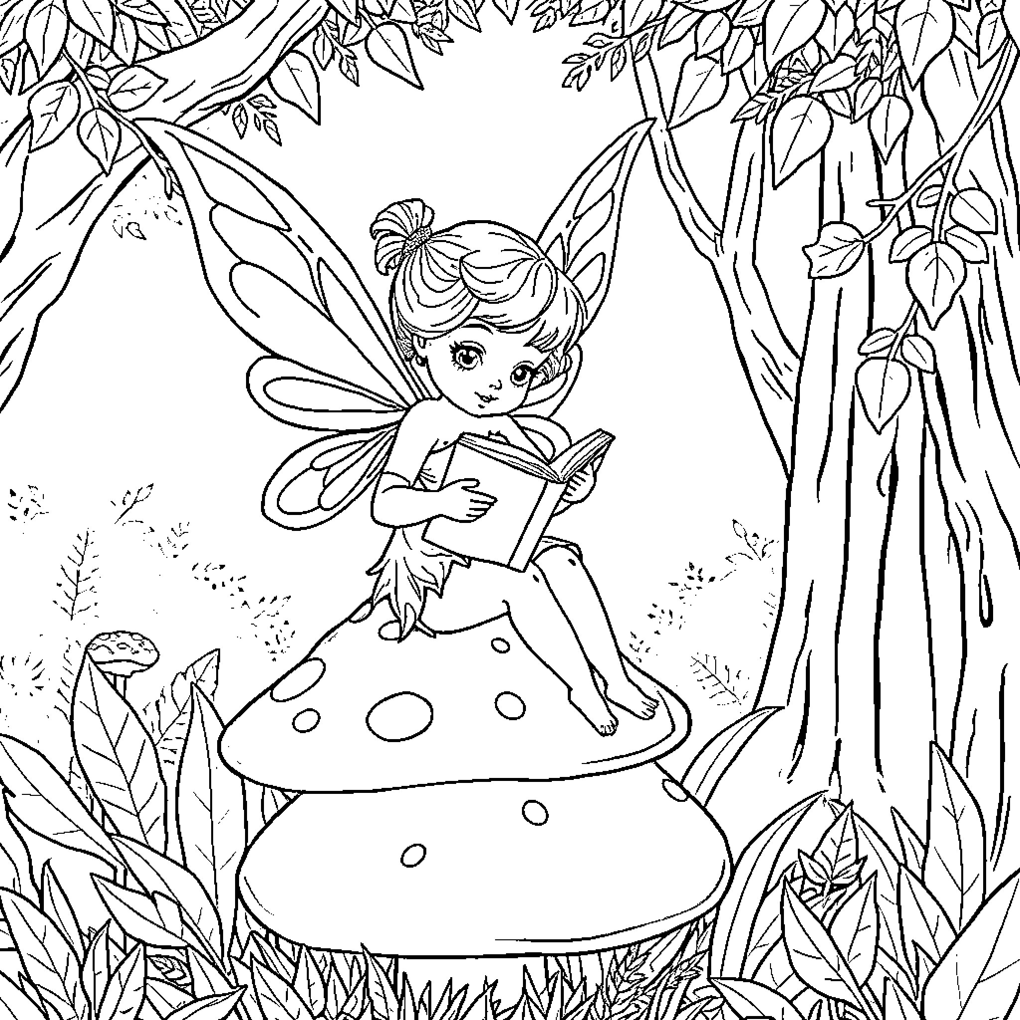 Fairy reading a book in the enchanted forest Coloring Page (free black-and-white line drawing printable PDF for all, from beginners to advanced learners, including children, teens, adults, and seniors)