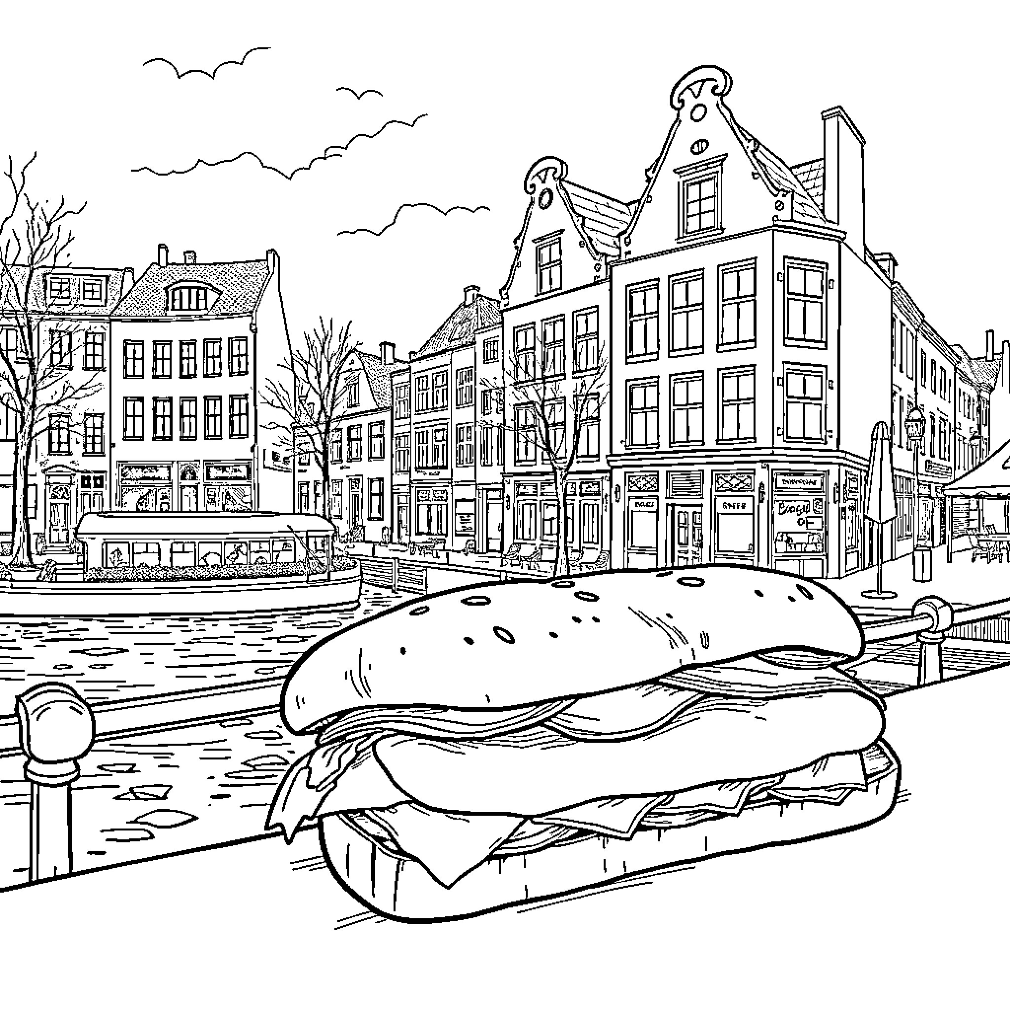 Broodje sandwich delights in the charming Dutch cityscape Coloring Page (free black-and-white line drawing printable PDF for all, from beginners to advanced learners, including children, teens, adults, and seniors)