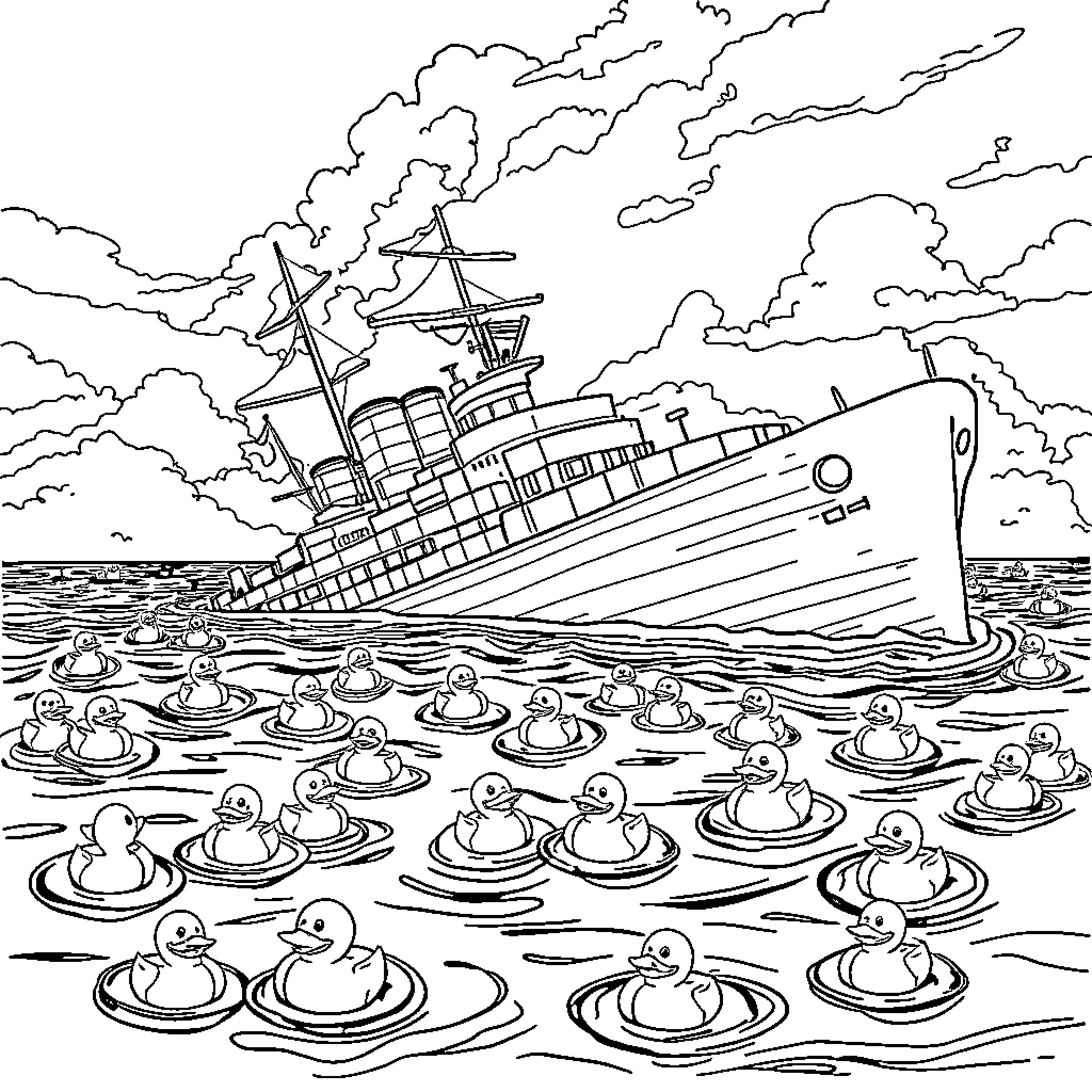 Battleship sailing through a sea of ducks Coloring Page (free black-and-white line drawing printable PDF for all, from beginners to advanced learners, including children, teens, adults, and seniors)