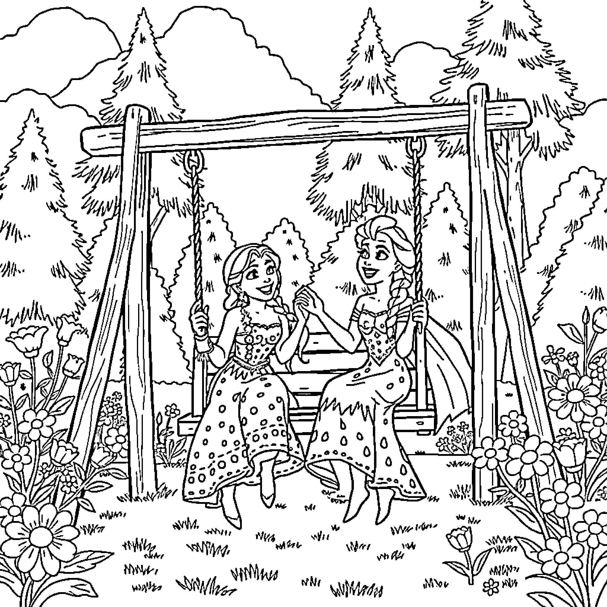 Vaiana and friend enjoying a peaceful day in the forest Coloring Page (free black-and-white line drawing printable PDF for all, from beginners to advanced learners, including children, teens, adults, and seniors)