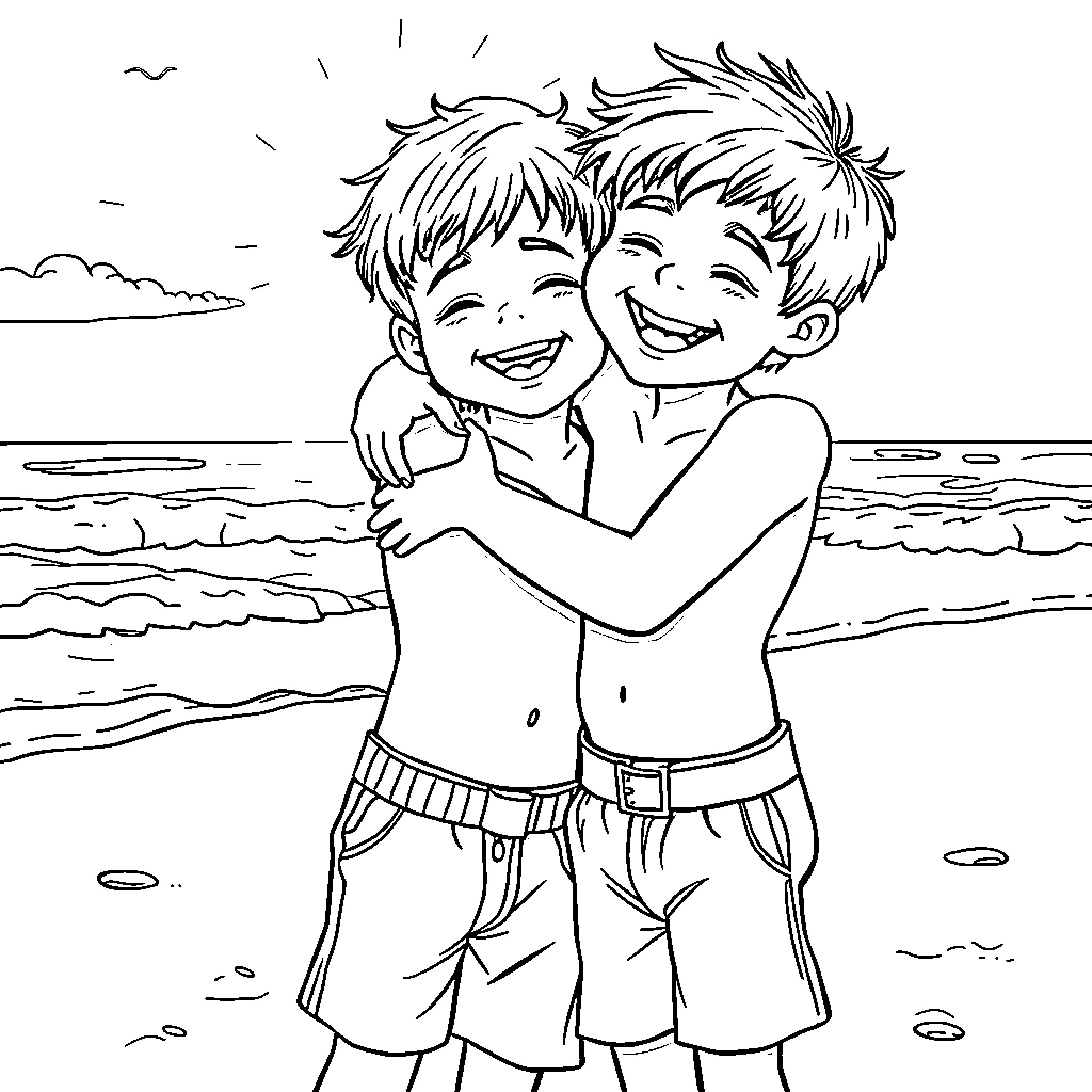 Boys enjoying the beach together Coloring Page (free black-and-white line drawing printable PDF for all, from beginners to advanced learners, including children, teens, adults, and seniors)