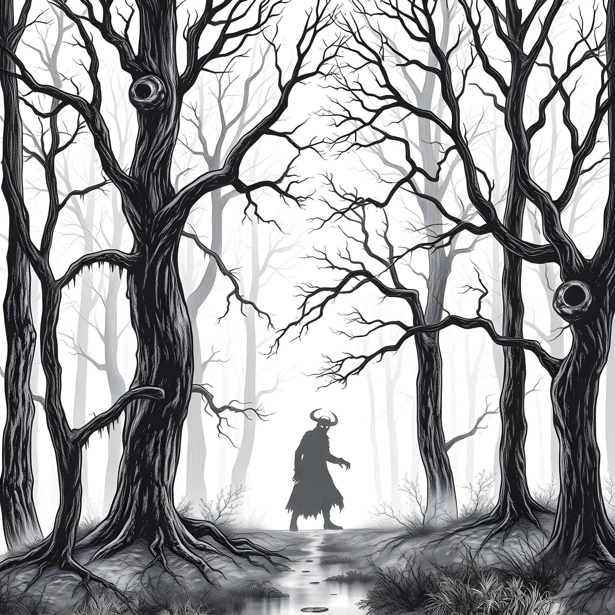 Wendigo stalking through the haunted forest Coloring Page (free black-and-white line drawing printable PDF for all, from beginners to advanced learners, including children, teens, adults, and seniors)